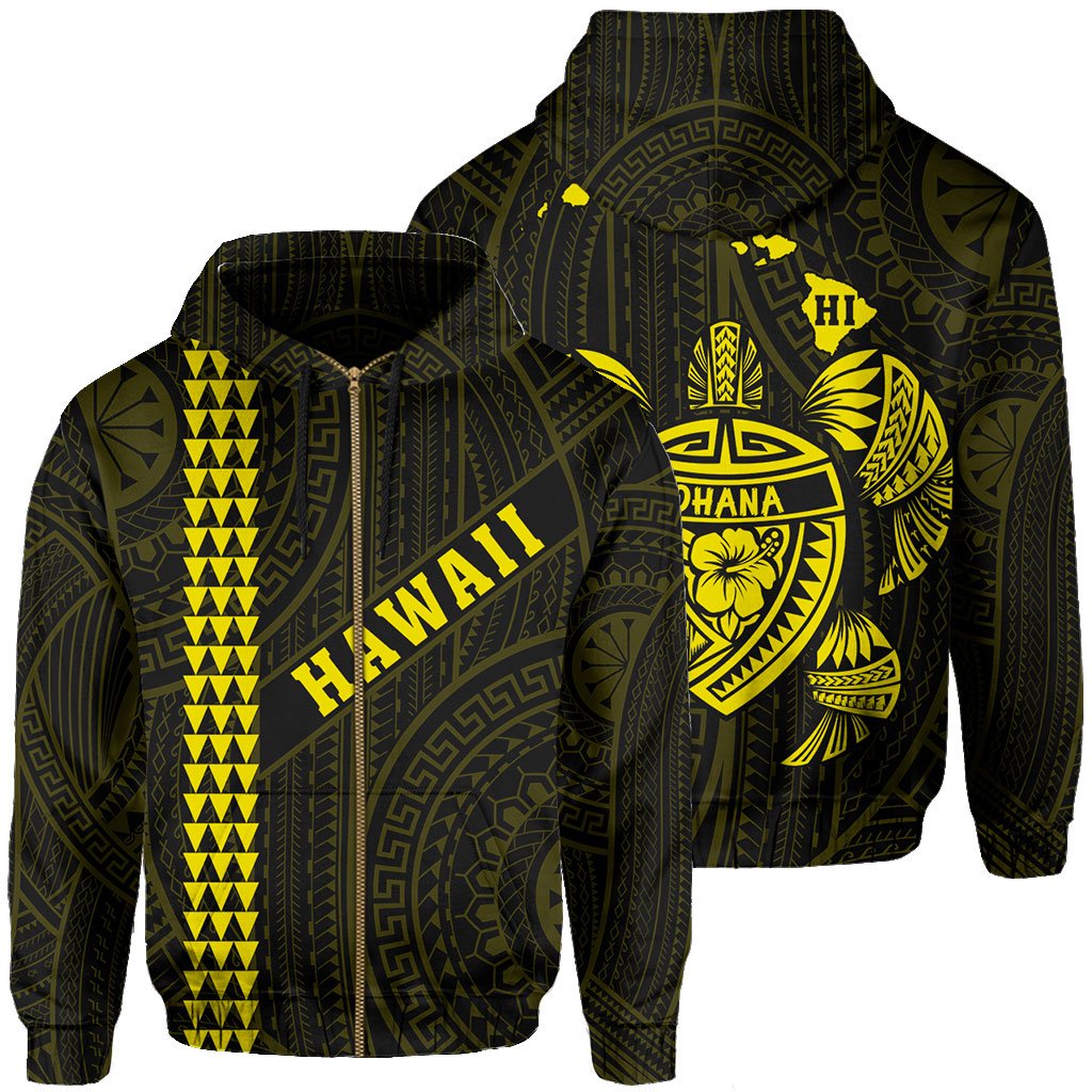 Polynesian Kakau Turtle Ohana Map of Hawaii Zip Hoodie Yellow Unisex Yellow - Polynesian Pride