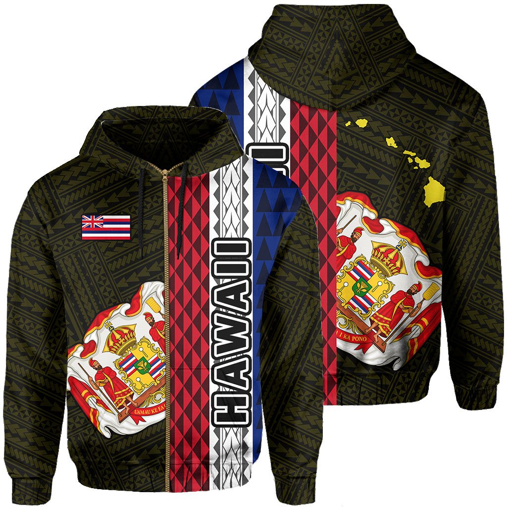 Polynesian Kakau Hawaii Flag Royal Coat of Arms Hawaii Zip Hoodie Yellow Unisex Yellow - Polynesian Pride