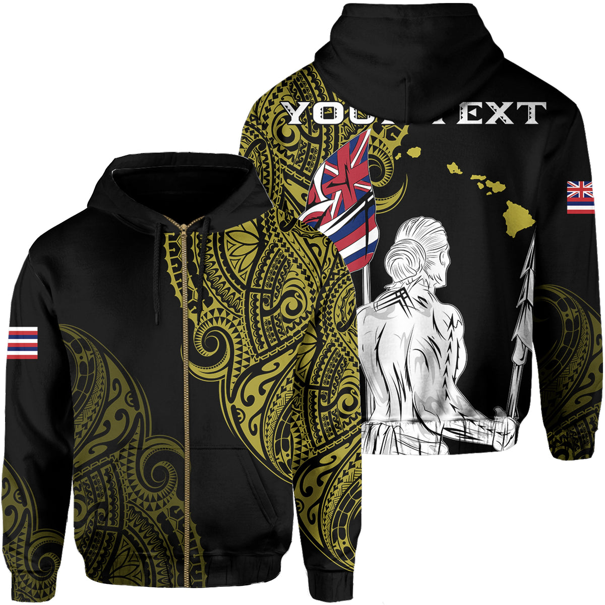 Personalized Hawaii Map Polynesian Warrior Ikaika Hoodie Zip William Style Yellow Unisex Black - Polynesian Pride