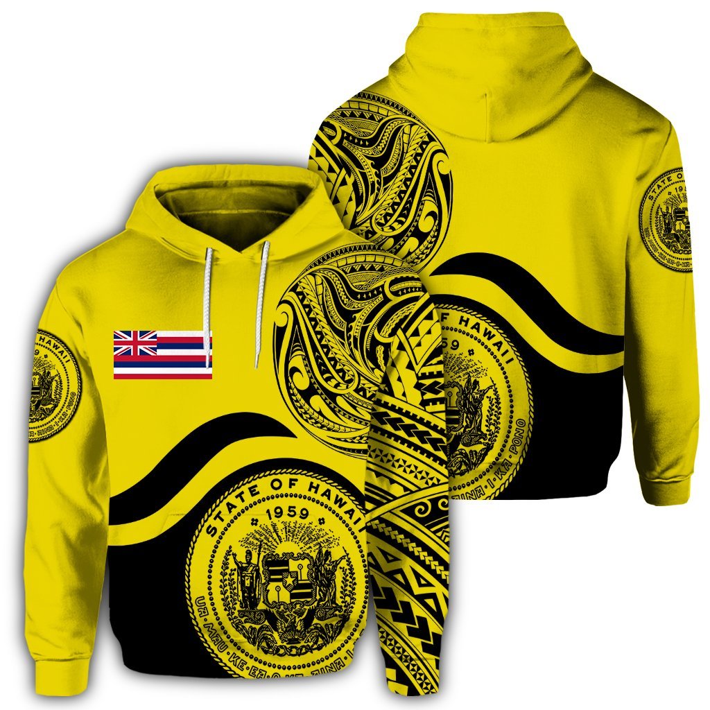 Hawaii Coat of Arms Hoodie Waveshape Style Yellow Unisex Art - Polynesian Pride