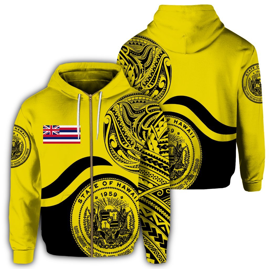 Hawaii Coat of Arms Zip Hoodie Waveshape Style Yellow Unisex Art - Polynesian Pride