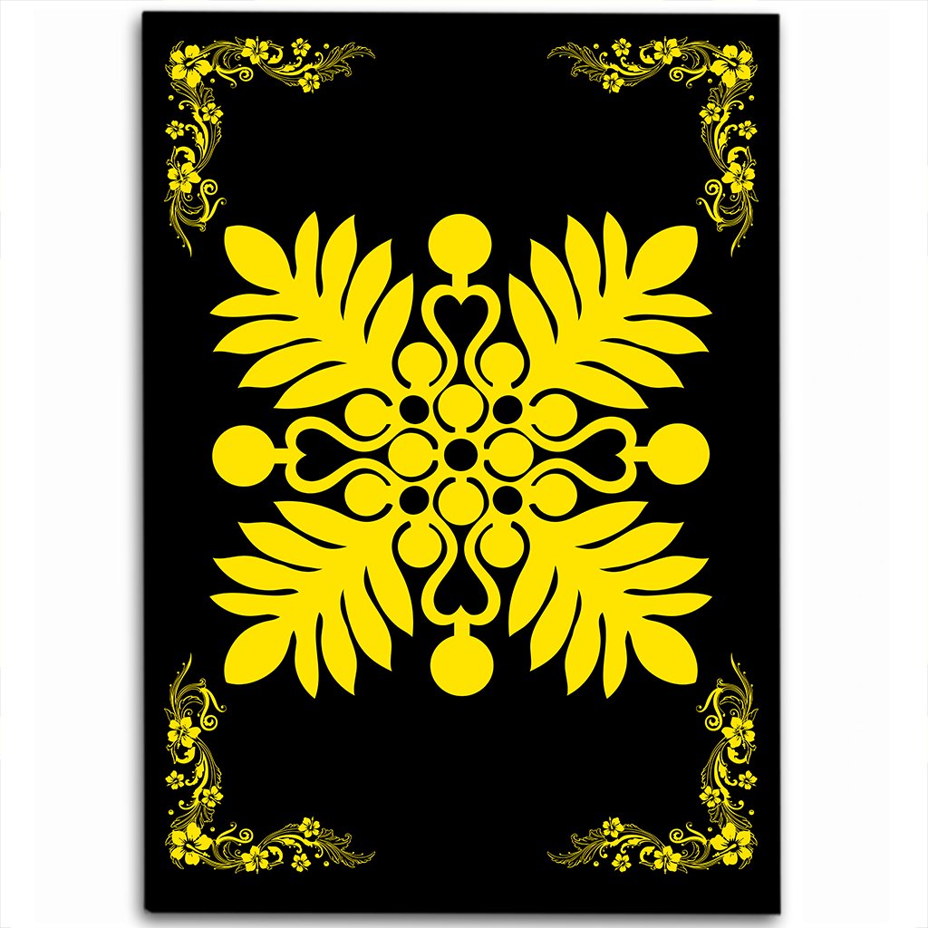 Hawaiian Quilt Maui Plant And Hibiscus Pattern Area Rug - Yellow Black - AH Yellow - Polynesian Pride