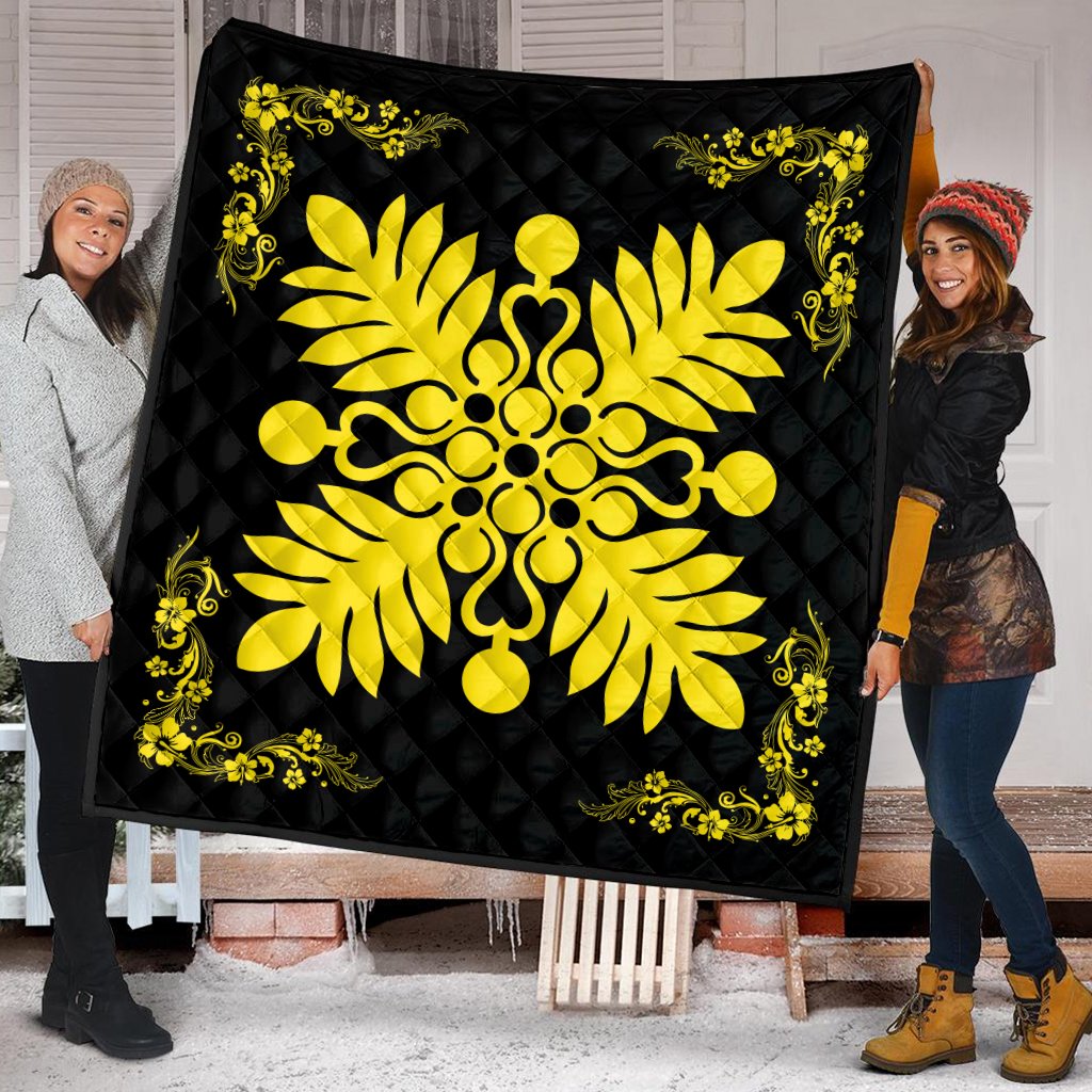 Hawaiian Quilt Maui Plant And Hibiscus Premium Quilt - Yellow Black - AH - Polynesian Pride