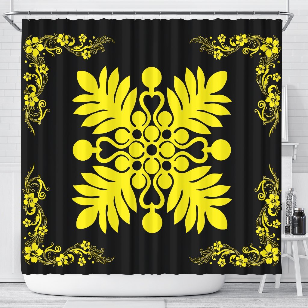 Hawaiian Quilt Maui Plant And Hibiscus Shower Curtain - Yellow Black - AH 177 x 172 (cm) Yellow - Polynesian Pride