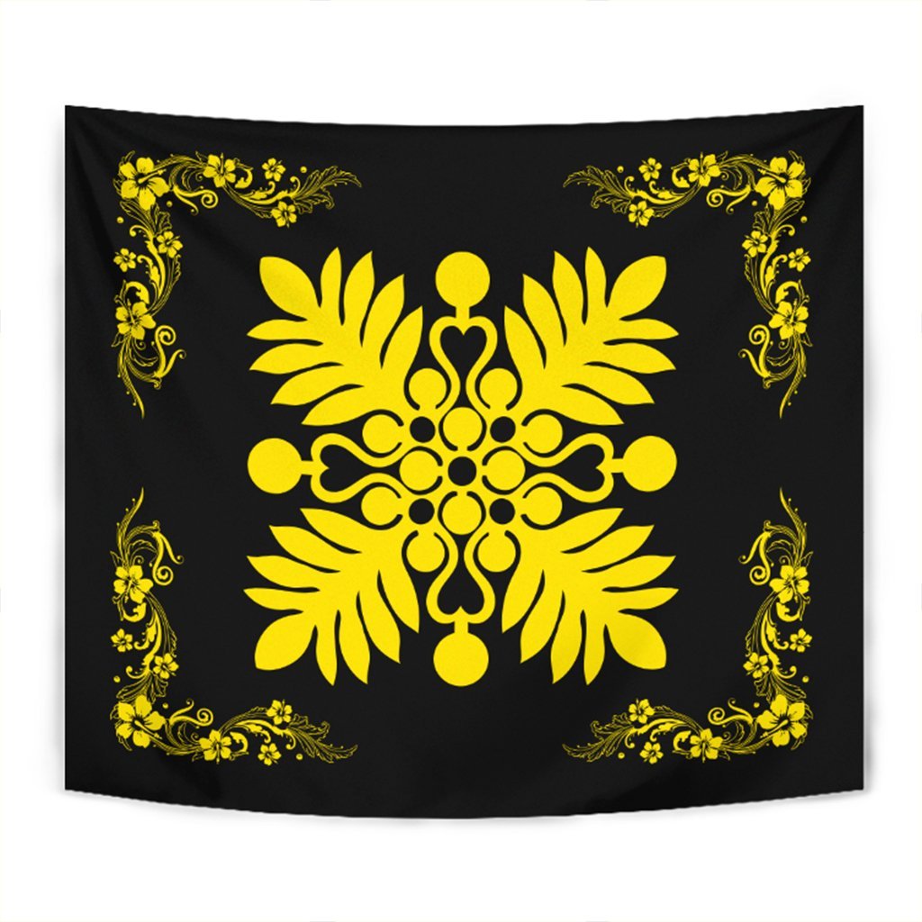 Hawaiian Quilt Maui Plant And Hibiscus Tappestry - Yellow Black - AH Wall Tapestry Yellow - Polynesian Pride