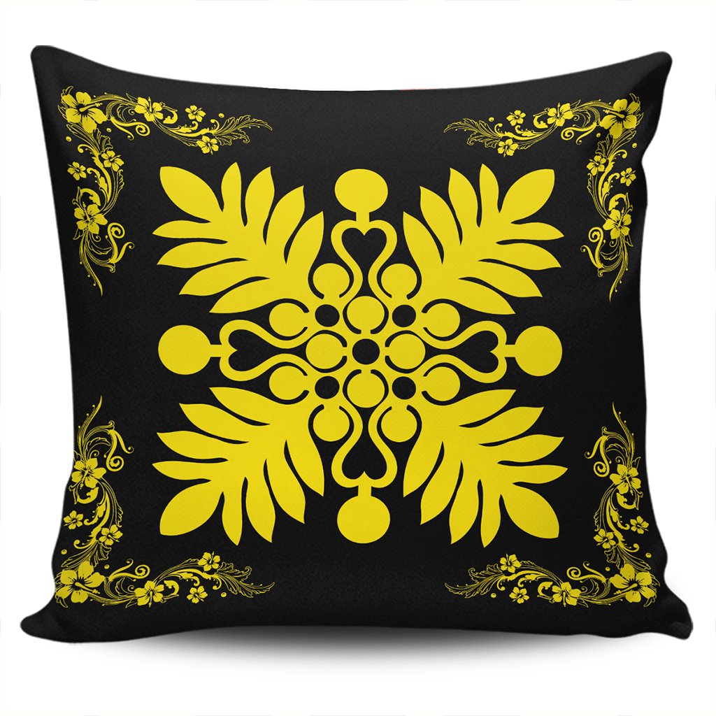 Hawaiian Quilt Maui Plant And Hibiscus Pattern Pillow Covers - Yellow Black - AH One Size Yellow - Polynesian Pride