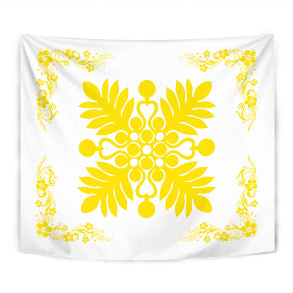 Hawaiian Quilt Maui Plant And Hibiscus Tappestry - Yellow White - AH Wall Tapestry Yellow - Polynesian Pride