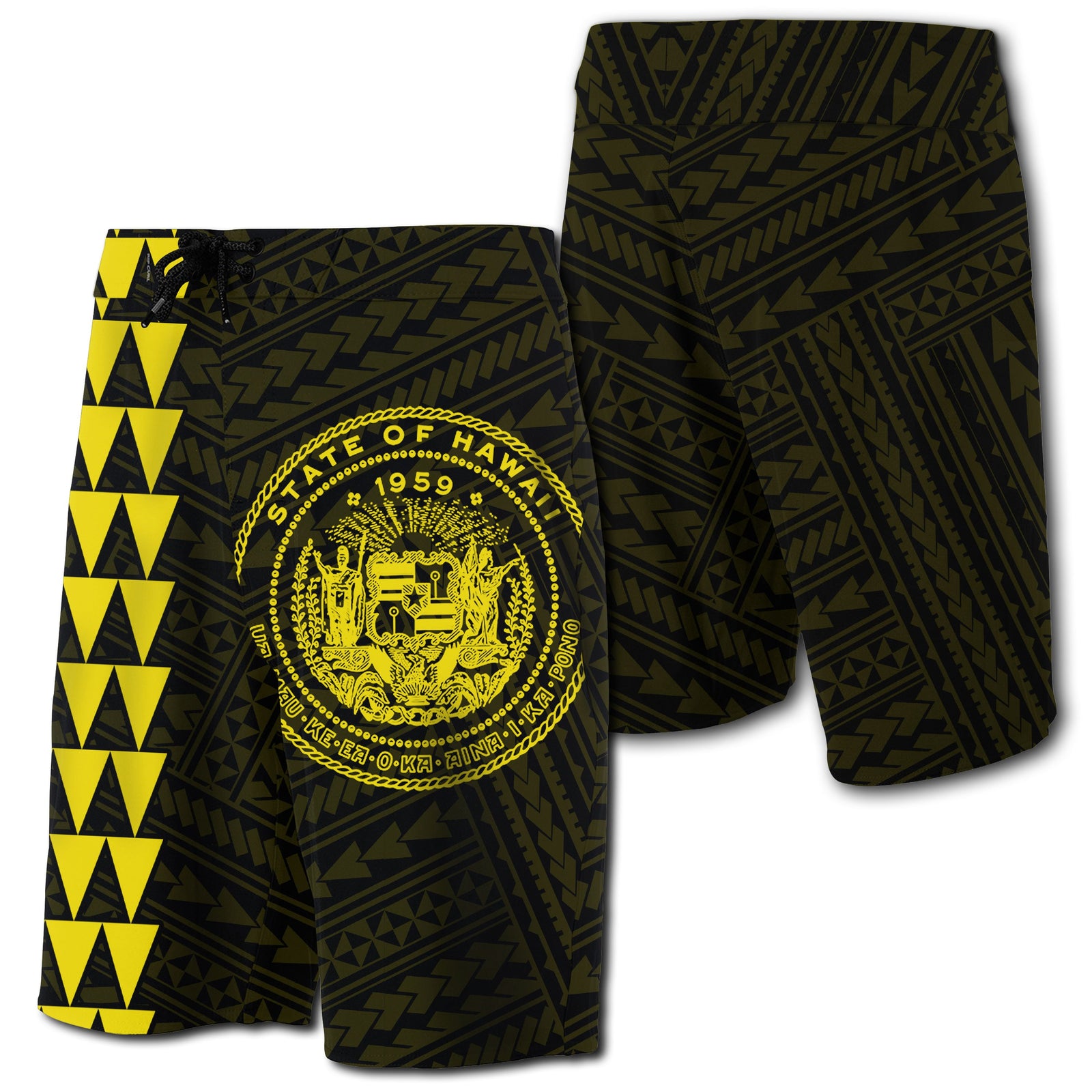 Hawaii Kakau Polynesian Coat Of Arms Board Shorts - Yellow Men Yellow - Polynesian Pride