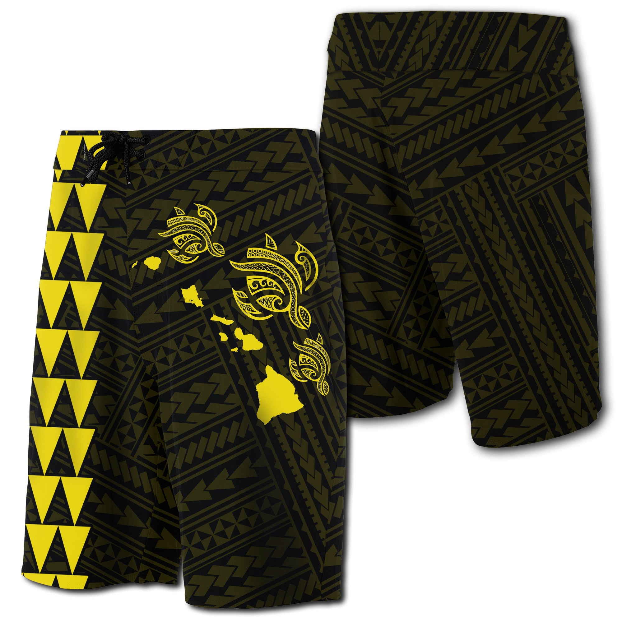 Hawaii Kakau Polynesian Three Turtles Map Board Shorts - Yellow Men Yellow - Polynesian Pride