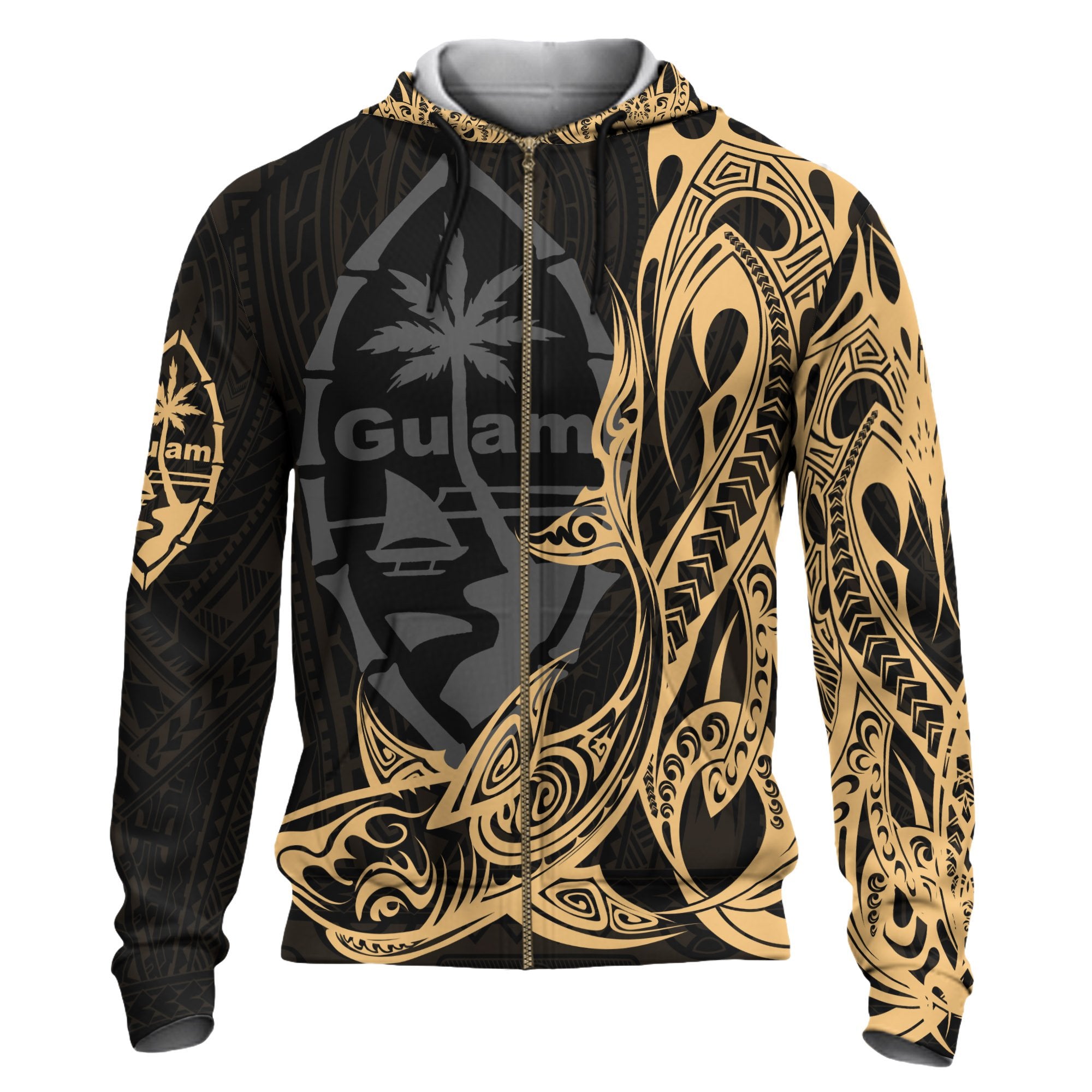 Guam Zip up Hoodie Guam Seal With Shark Gold Color Unisex Black - Polynesian Pride