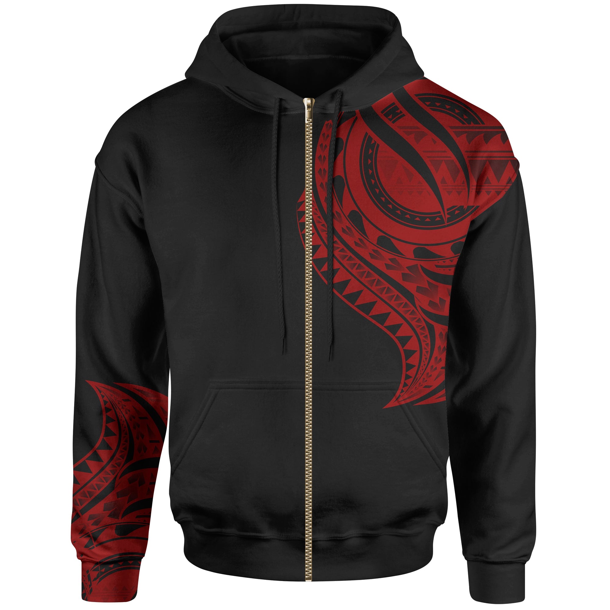 Yap State Zip Hoodie Yap State Tatau Red Patterns With Coat of Arms Unisex Black - Polynesian Pride