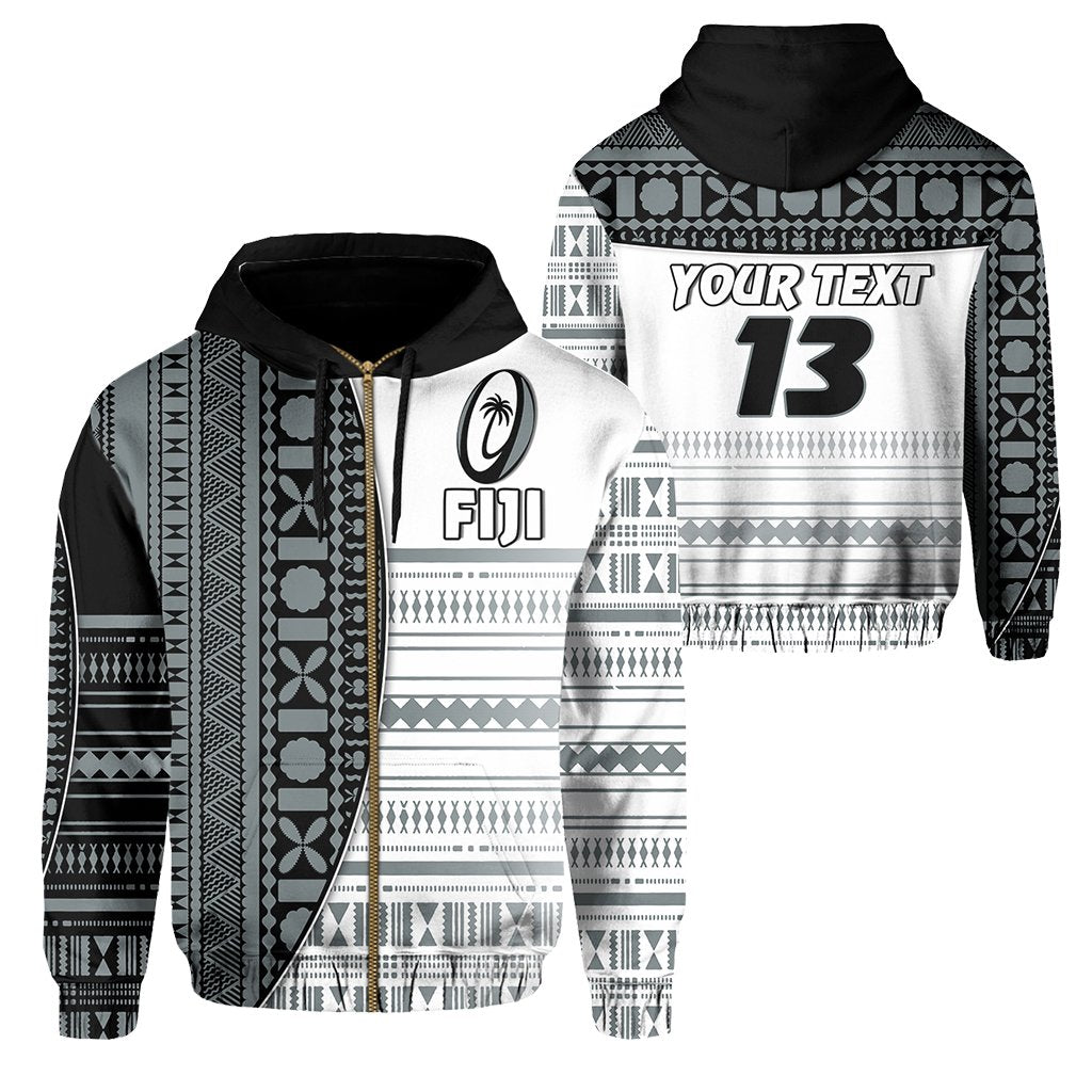 Custom Fiji Rugby Zip Hoodie Impressive Version Custom Text and Number Unisex White - Polynesian Pride