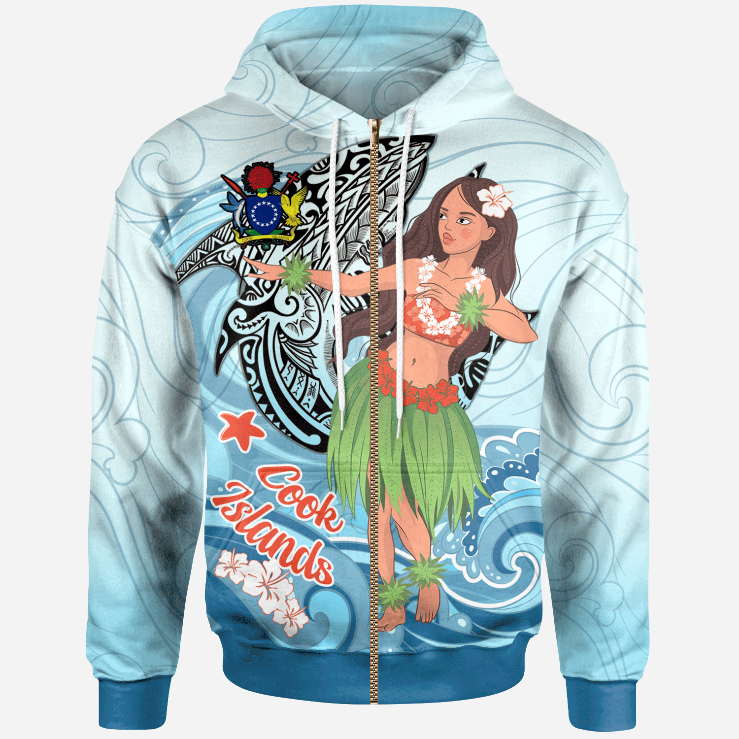 Cook Islands Zip Hoodie Polynesian Girls With Shark Unisex Blue - Polynesian Pride