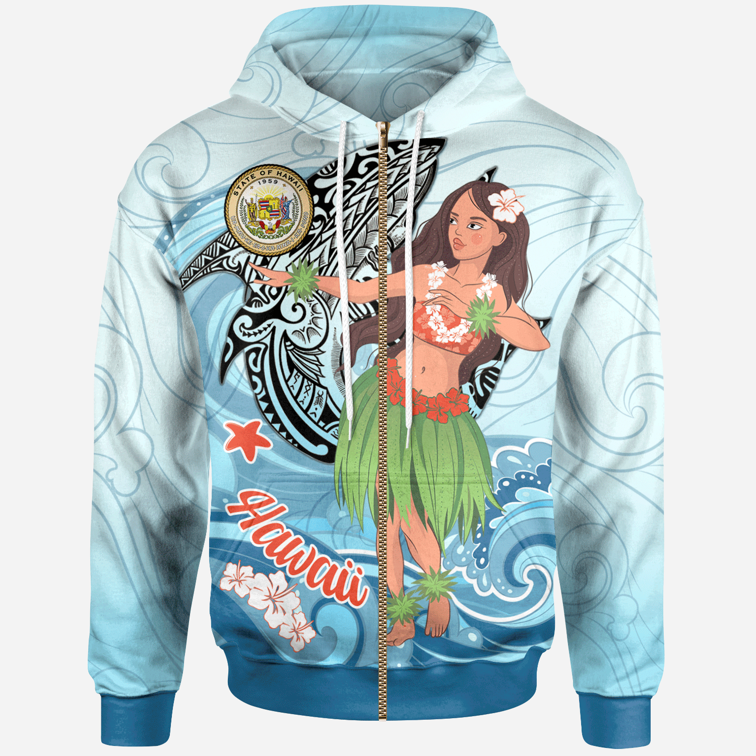 Hawaii Zip Hoodie Polynesian Girls With Shark Unisex Blue - Polynesian Pride