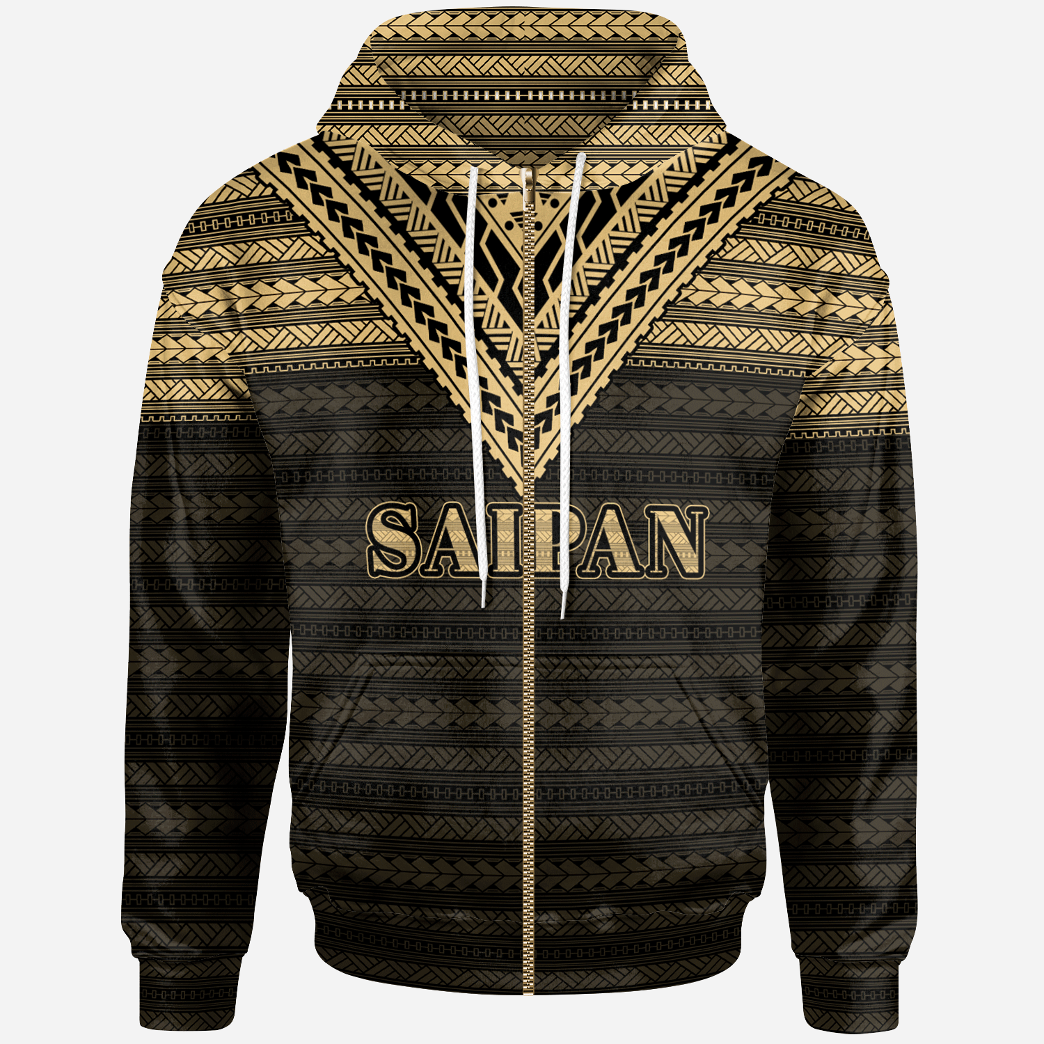 Saipan All Over Zip up Hoodie Gold Version Unisex Black - Polynesian Pride