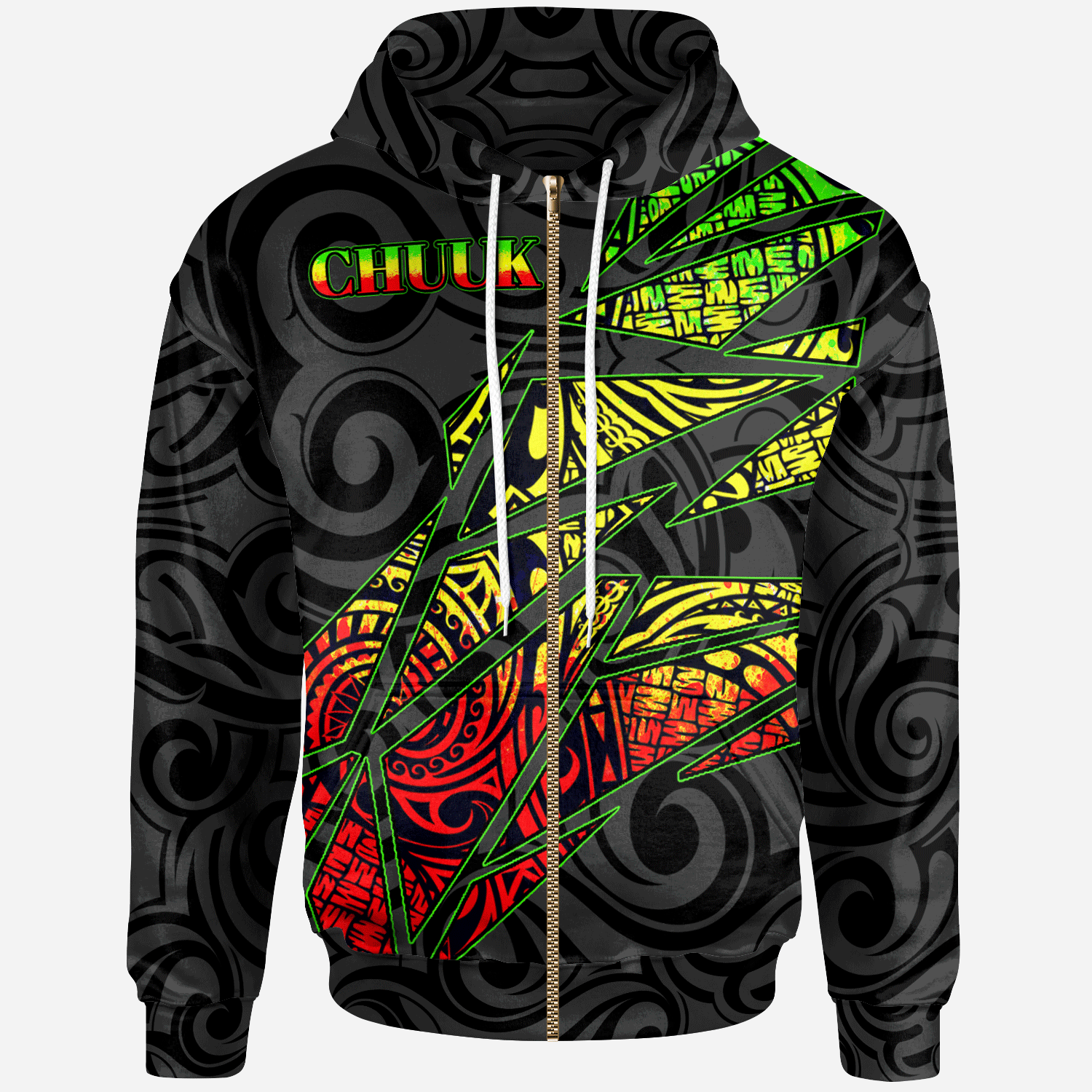 Chuuk States All Over Zip up Hoodie Reggae Color Broken Style Unisex Black - Polynesian Pride