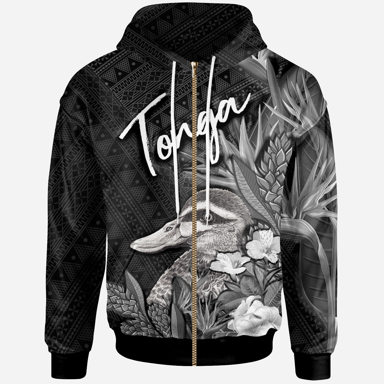 Tonga Zip Hoodie Pacific Black Duck With Tropical Flowers Unisex Black - Polynesian Pride