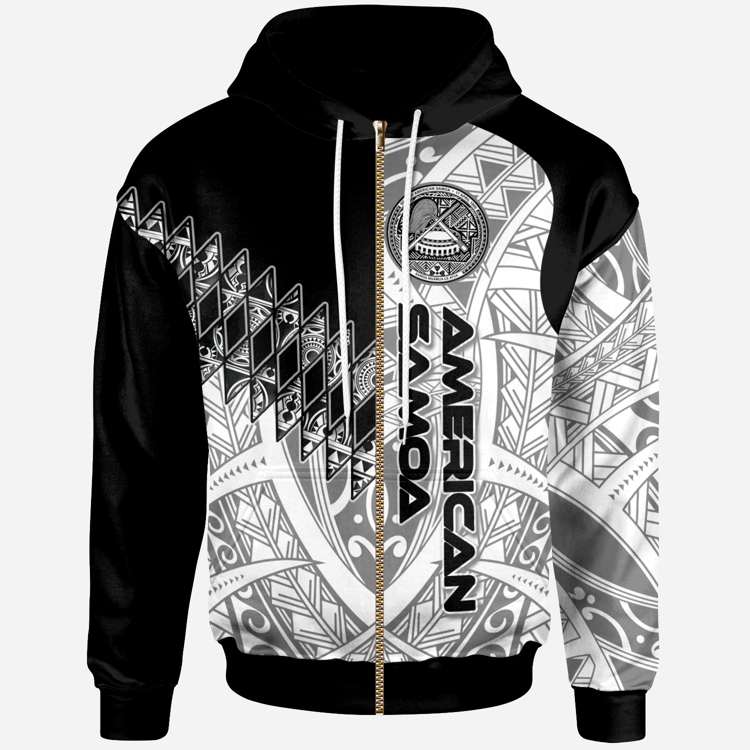 American Samoa Zip Hoodie Symmetry Style Unisex Black - Polynesian Pride