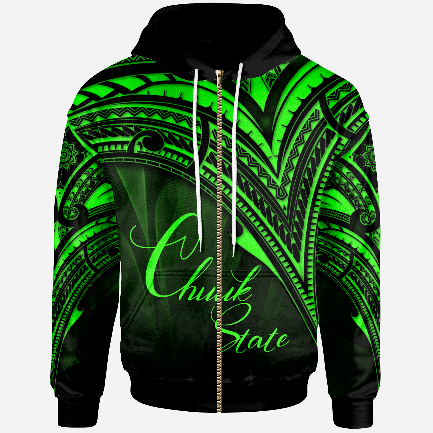 Chuuk State Zip Hoodie Green Color Cross Style Unisex Black - Polynesian Pride