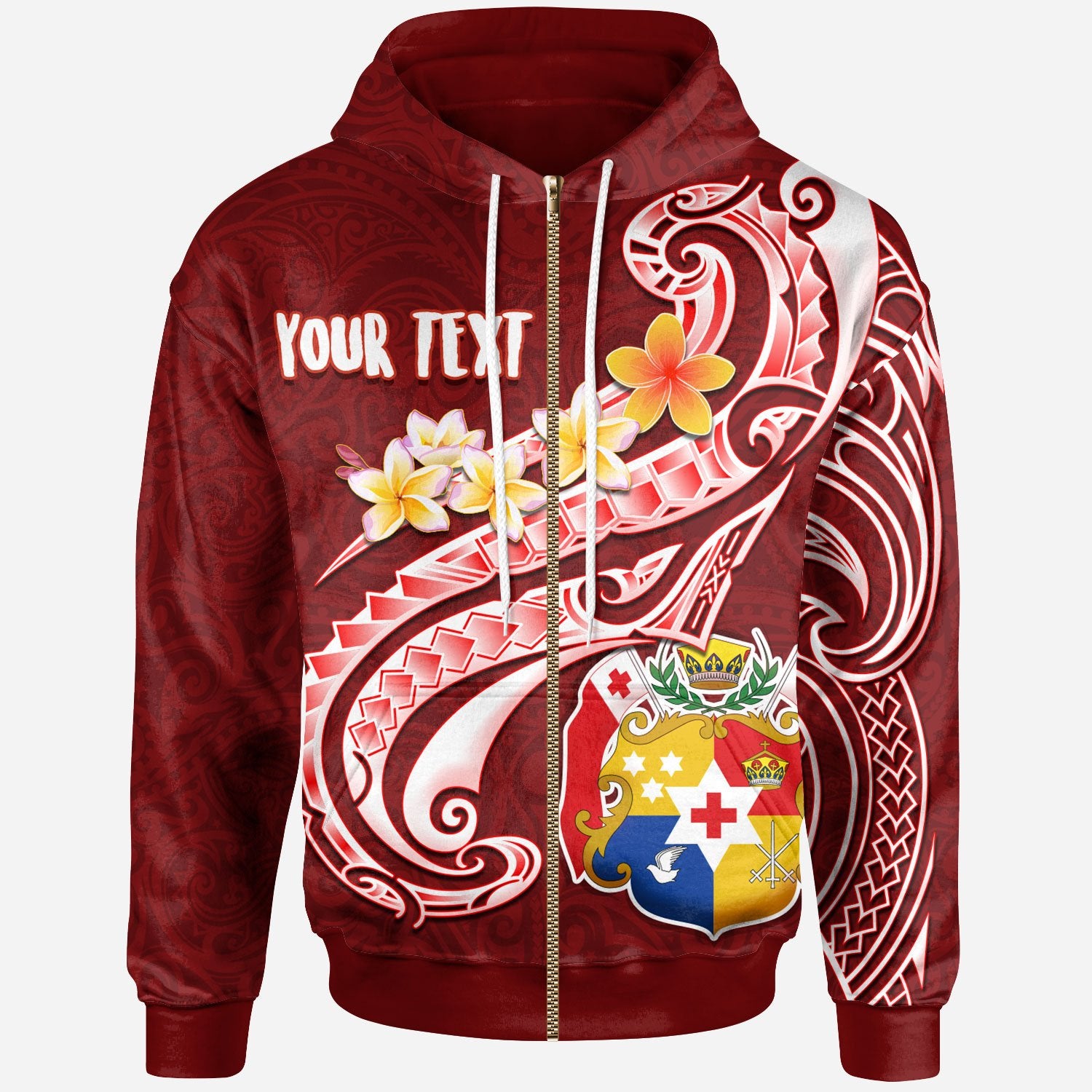 Tonga Custom Zip up Hoodie Tonga Coat of Arms With Polynesian Patterns Unisex Red - Polynesian Pride