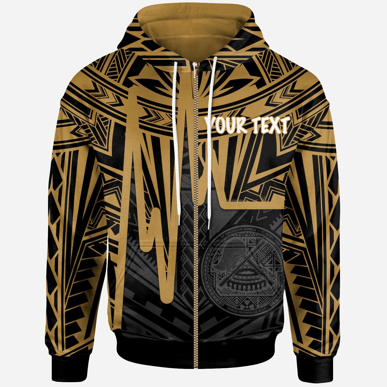 American Samoa Custom Zip up Hoodie Seal With Polynesian Pattern Heartbeat Style (Gold) Unisex Gold - Polynesian Pride