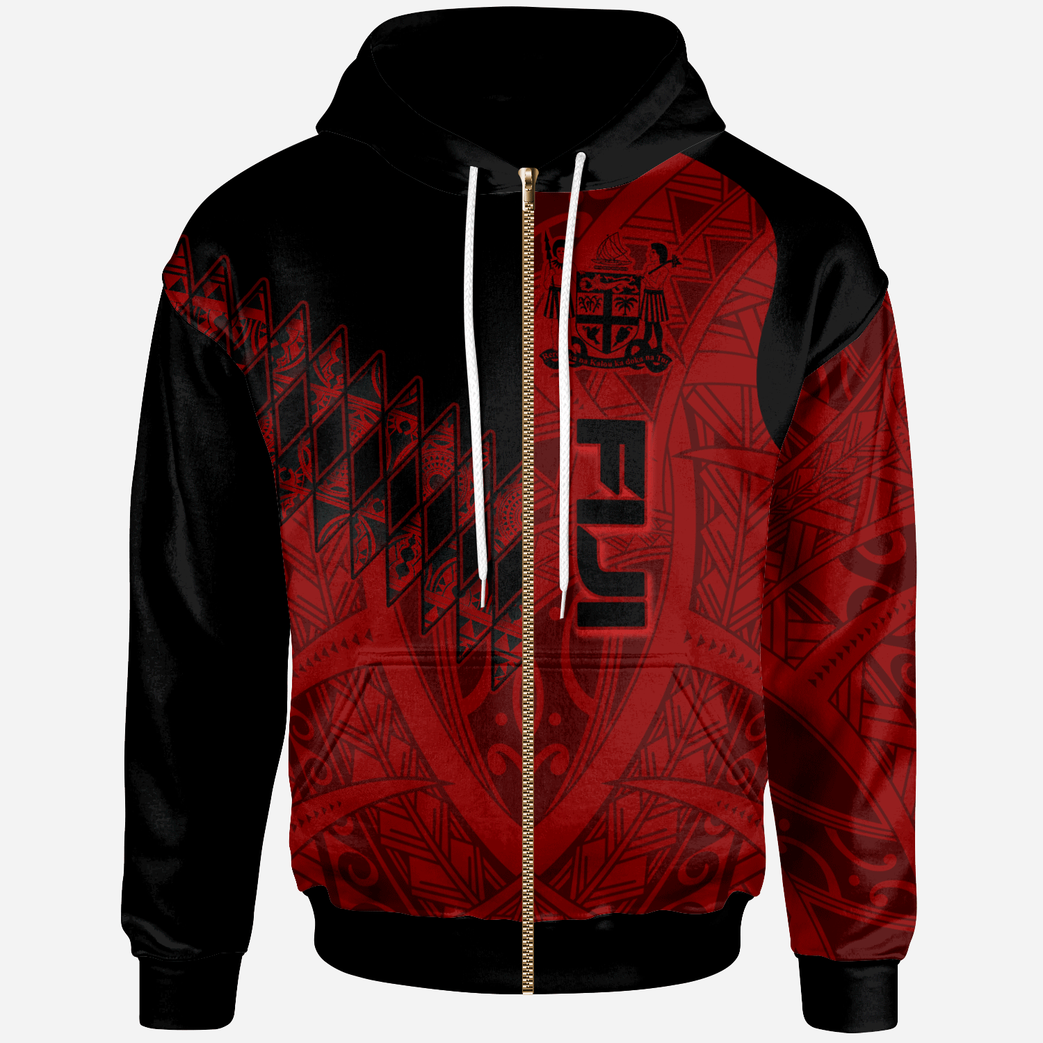 Fiji Zip Hoodie Red Color Symmetry Style Unisex Black - Polynesian Pride