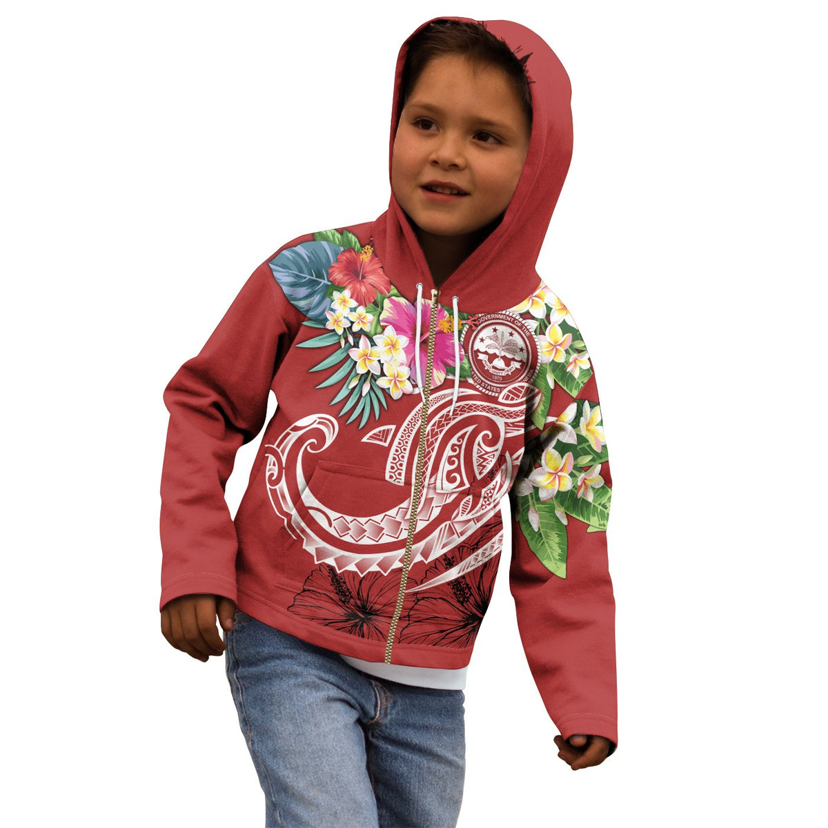 FSM Polynesian Zip up Hoodie Summer Plumeria (Red) - Polynesian Pride