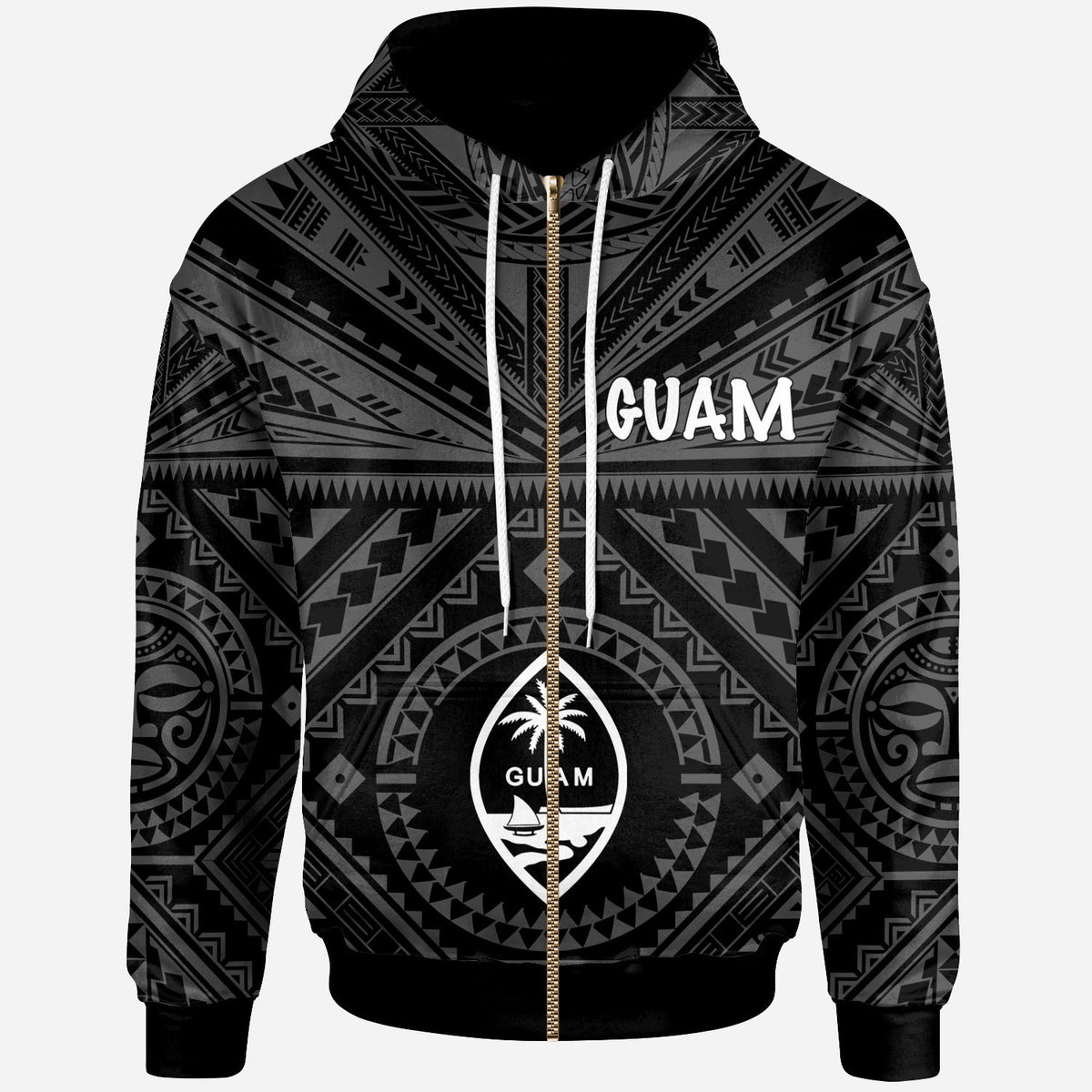 Guam Zip up Hoodie Guam Seal With Polynesian Tattoo Style (Black) Unisex Black - Polynesian Pride