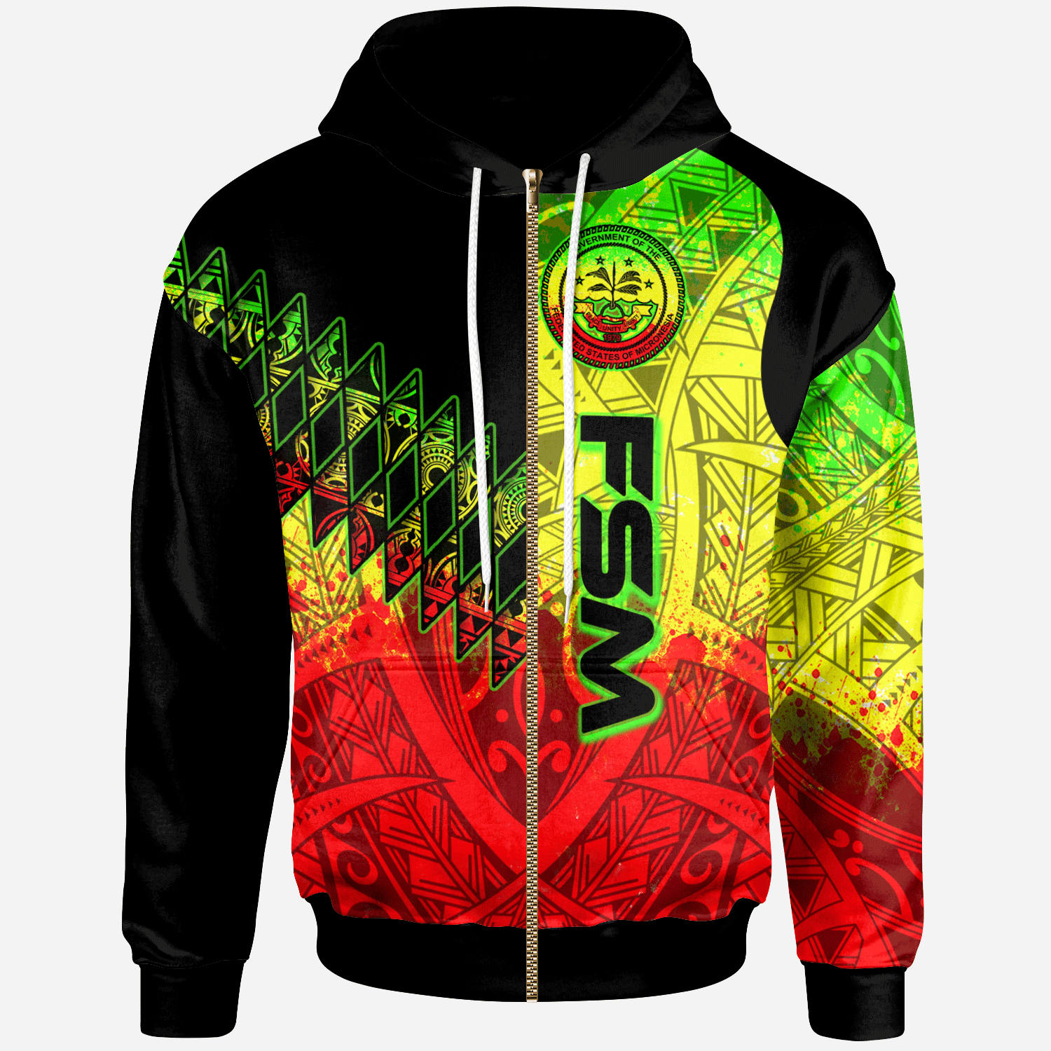 Federated States of Micronesia Zip Hoodie Reggage Color Symmetry Style Unisex Black - Polynesian Pride