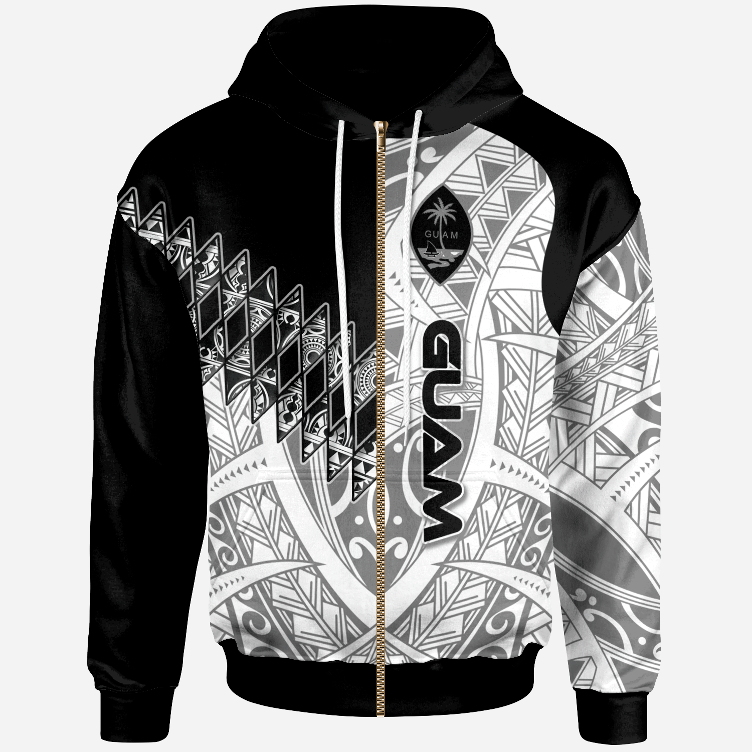 Guam Zip Hoodie Symmetry Style Unisex Black - Polynesian Pride