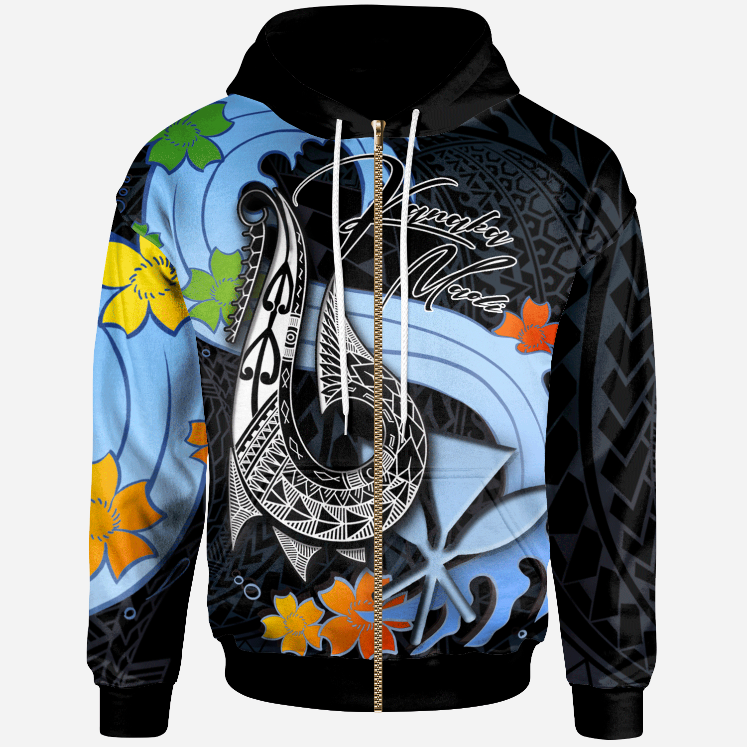 Hawaii Kanaka Maoli Zip Hoodie Fish Hooks and Wave Unisex Black - Polynesian Pride