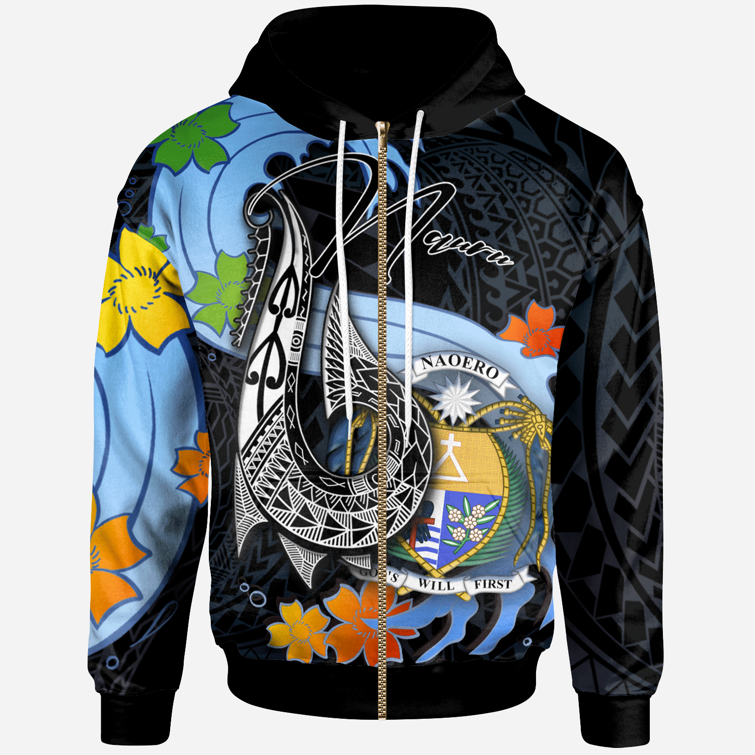 Nauru Zip Hoodie Fish Hooks and Wave Unisex Black - Polynesian Pride