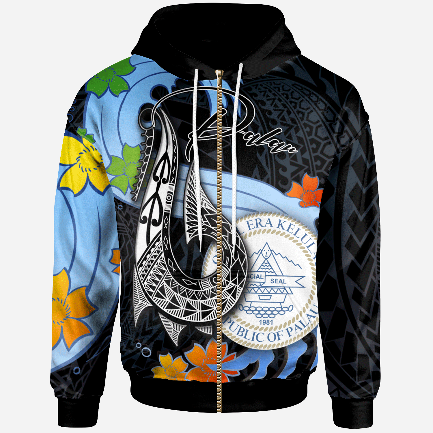 Palau Zip Hoodie Fish Hooks and Wave Unisex Black - Polynesian Pride