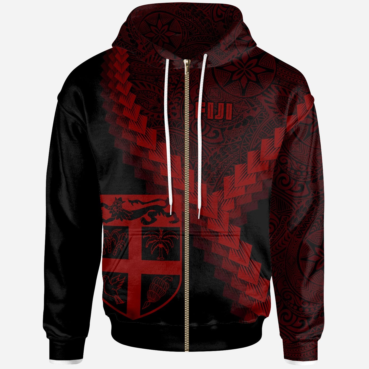 Fiji Zip up Hoodie Fiji Coat of Arms With Polynesian Tattoo Red Unisex Red - Polynesian Pride
