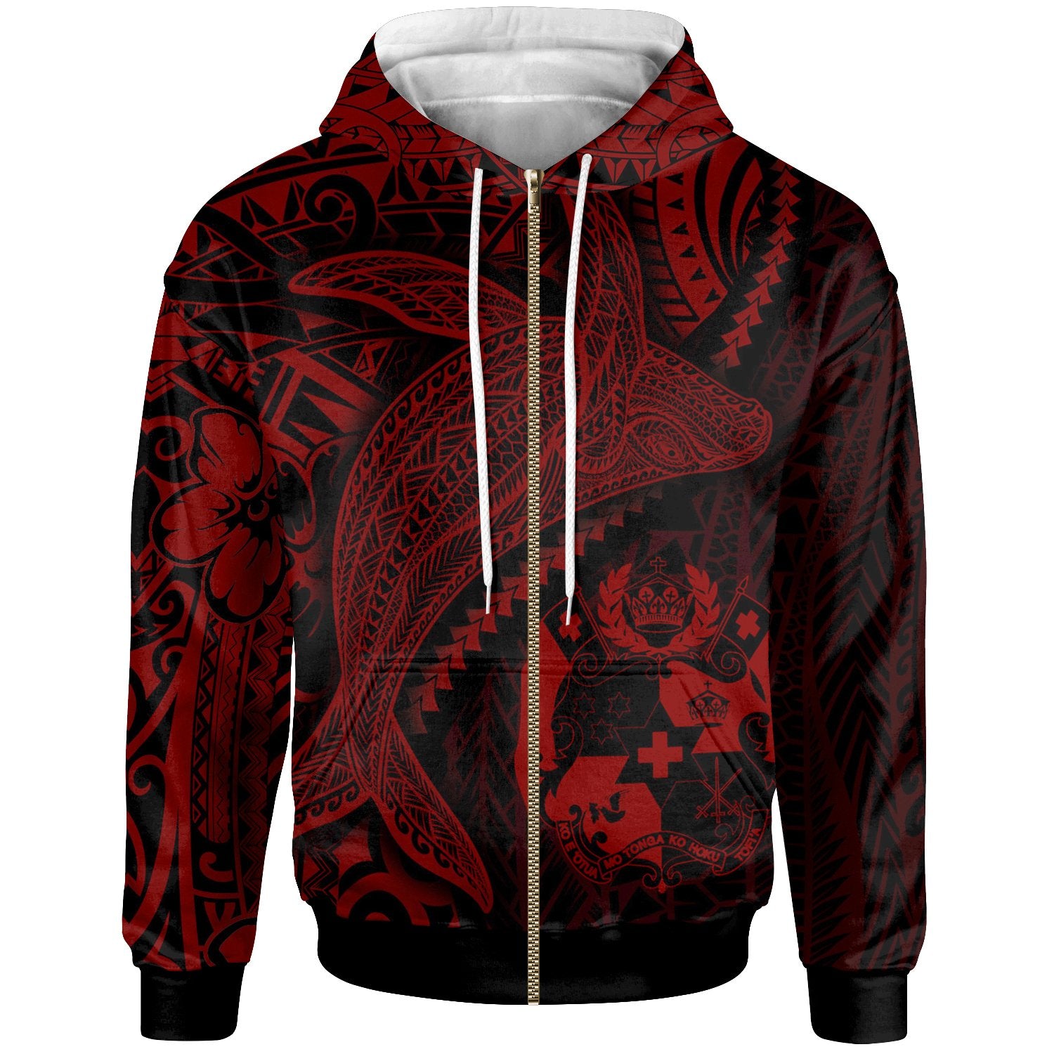 Tonga Zip up Hoodie Humpback Whale & Coat of Arms Red Unisex Red - Polynesian Pride