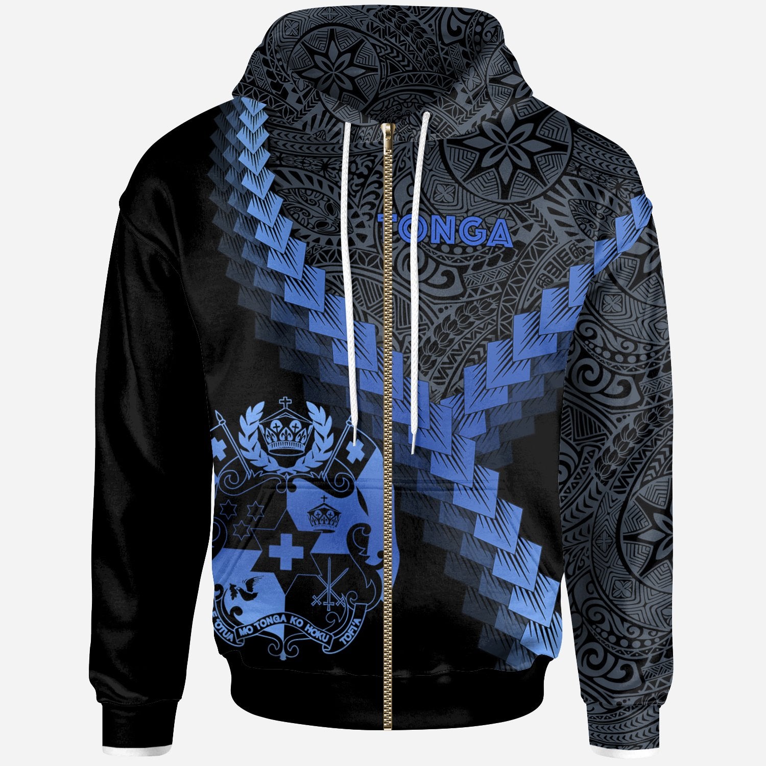 Tonga Zip up Hoodie Tonga Coat of Arms With Polynesian Tattoo Blue Unisex Blue - Polynesian Pride