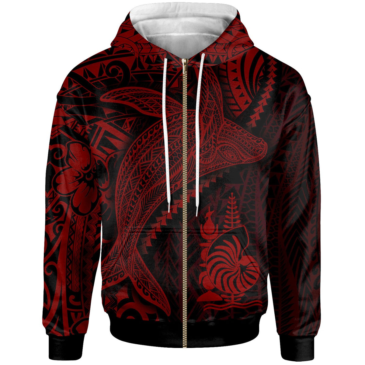 New Caledonia Zip up Hoodie Humpback Whale & Coat of Arms Red Unisex Red - Polynesian Pride