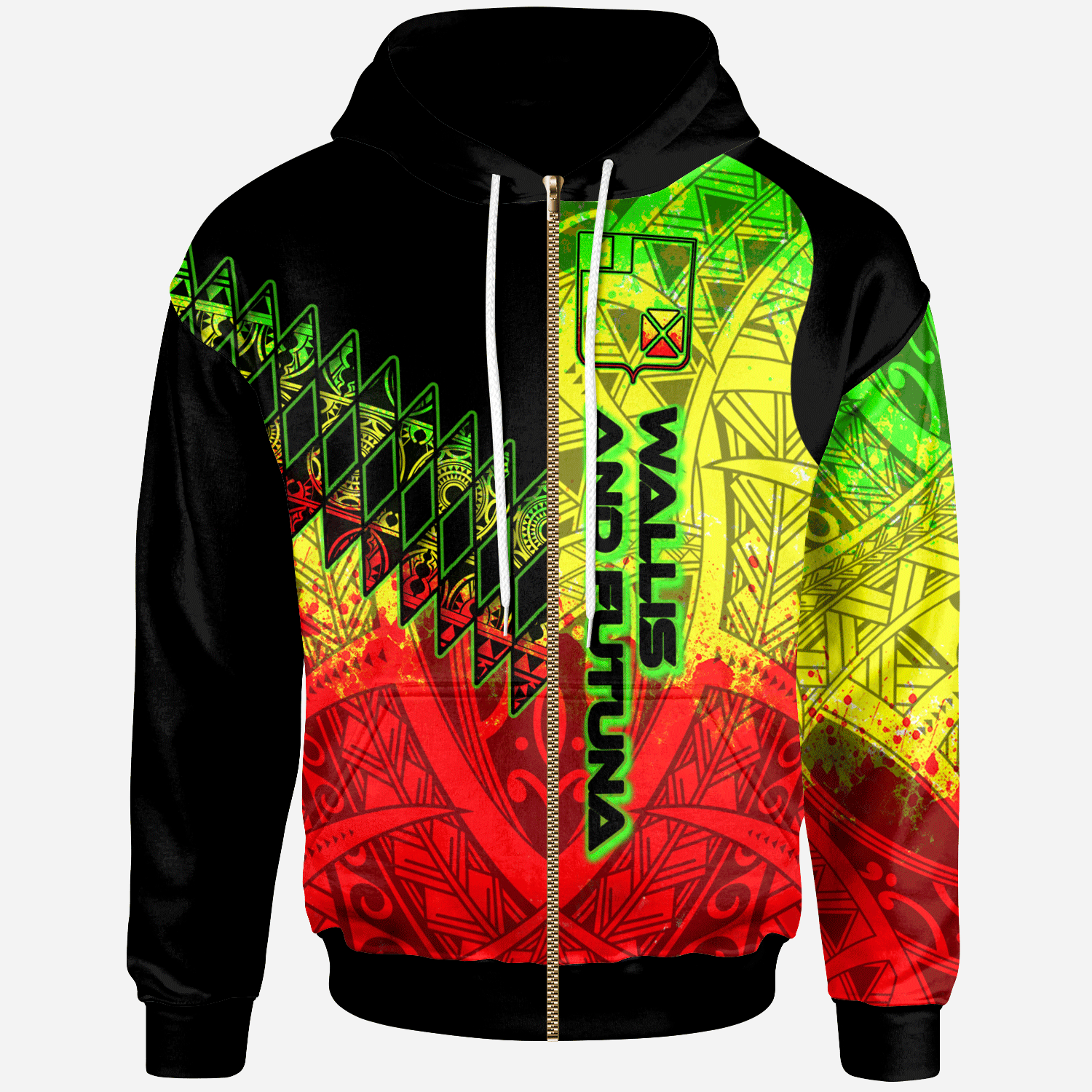 Wallis and Futuna Zip Hoodie Reggage Color Symmetry Style Unisex Black - Polynesian Pride