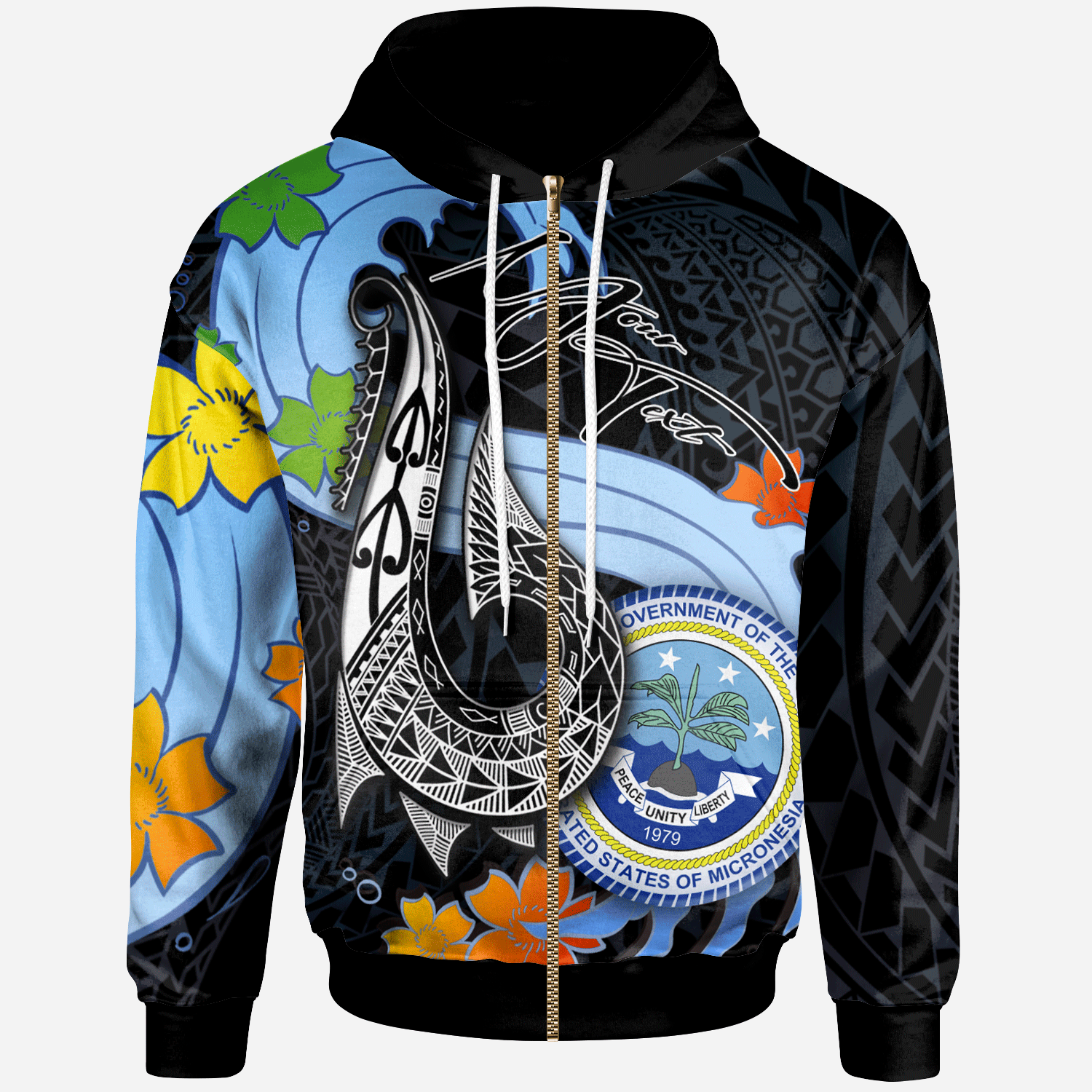 Federated States of Micronesia Custom Zip Hoodie Fish Hooks and Wave Unisex Black - Polynesian Pride