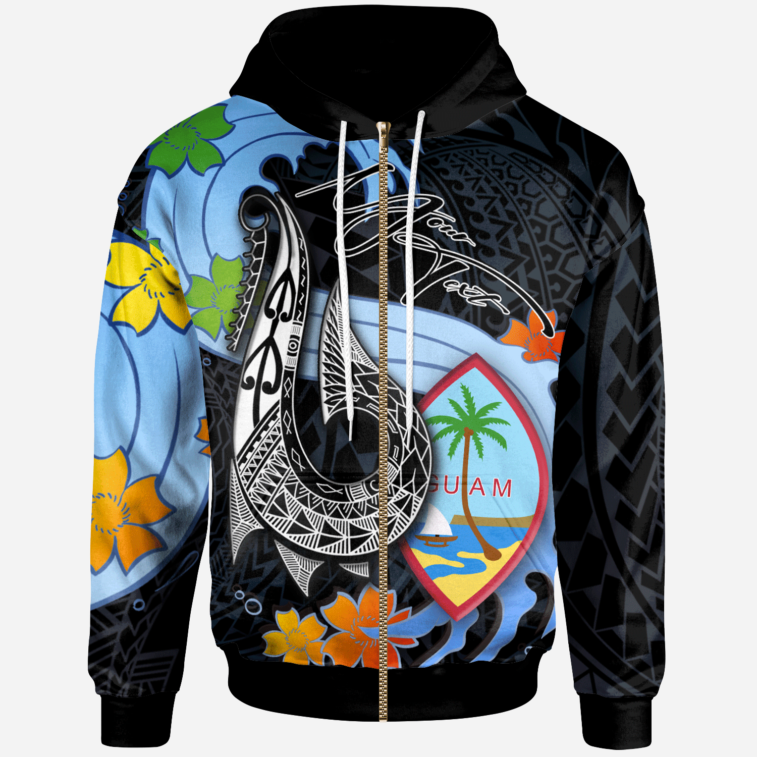 Guam Custom Zip Hoodie Fish Hooks and Wave Unisex Black - Polynesian Pride