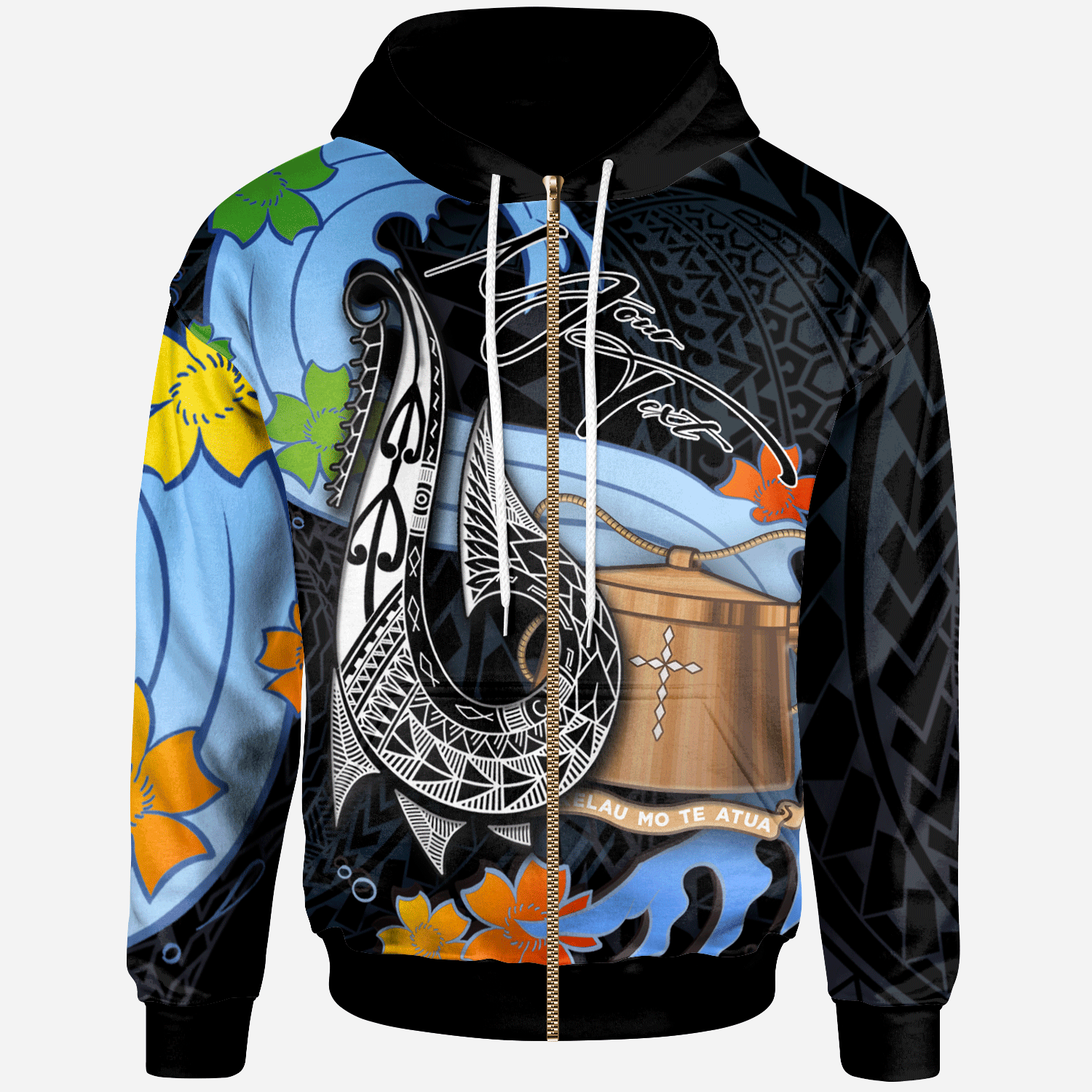 Tokelau Custom Zip Hoodie Fish Hooks and Wave Unisex Black - Polynesian Pride