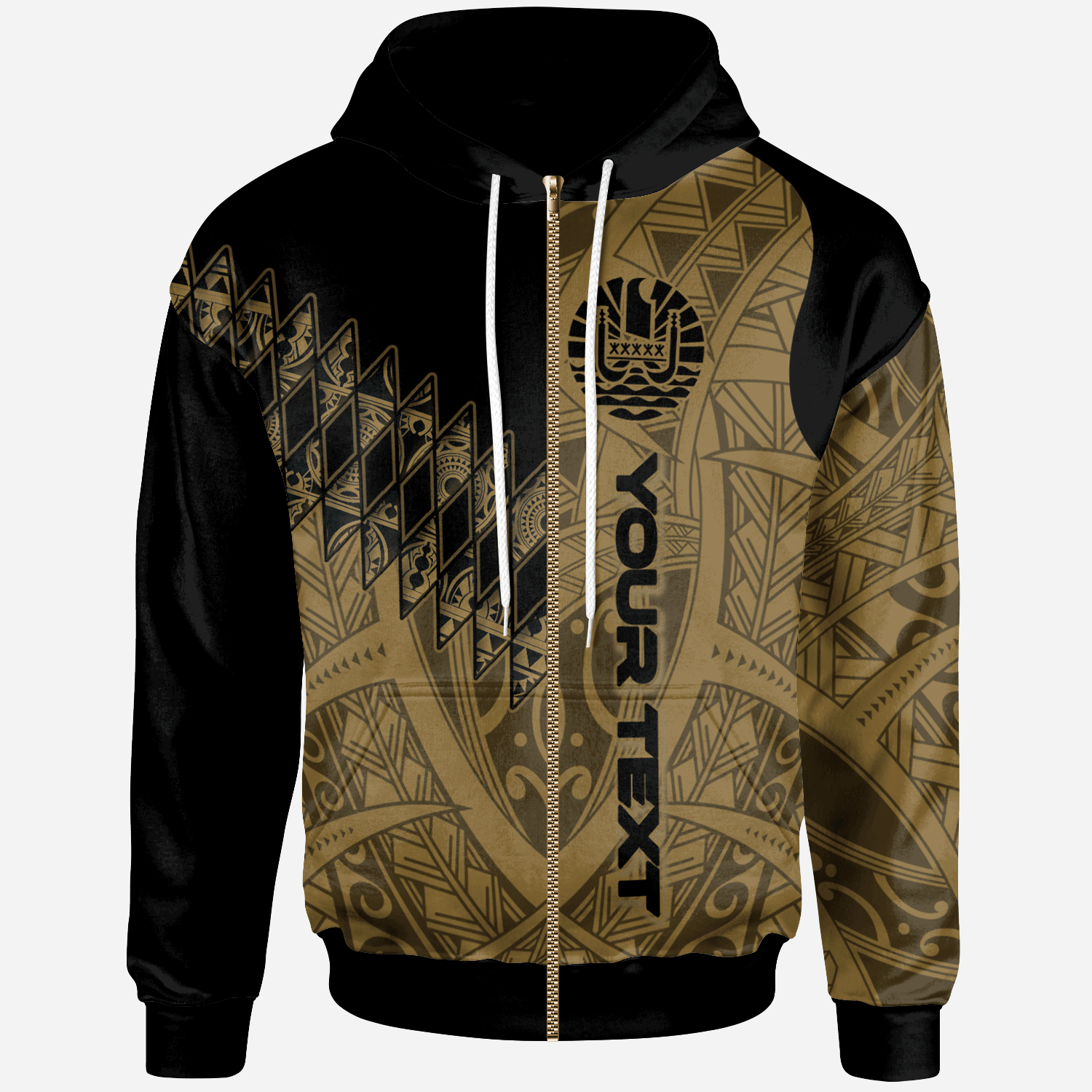 French Polynesia Custom Zip Hoodie Gold Color Symmetry Style Unisex Black - Polynesian Pride