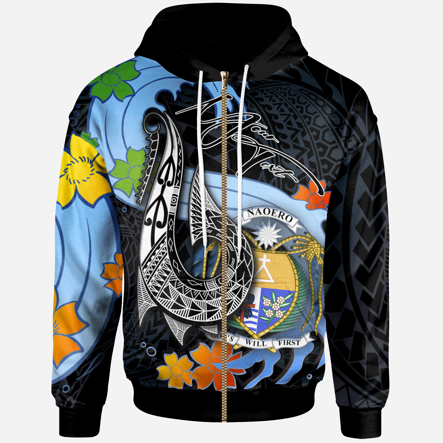 Nauru Custom Zip Hoodie Fish Hooks and Wave Unisex Black - Polynesian Pride