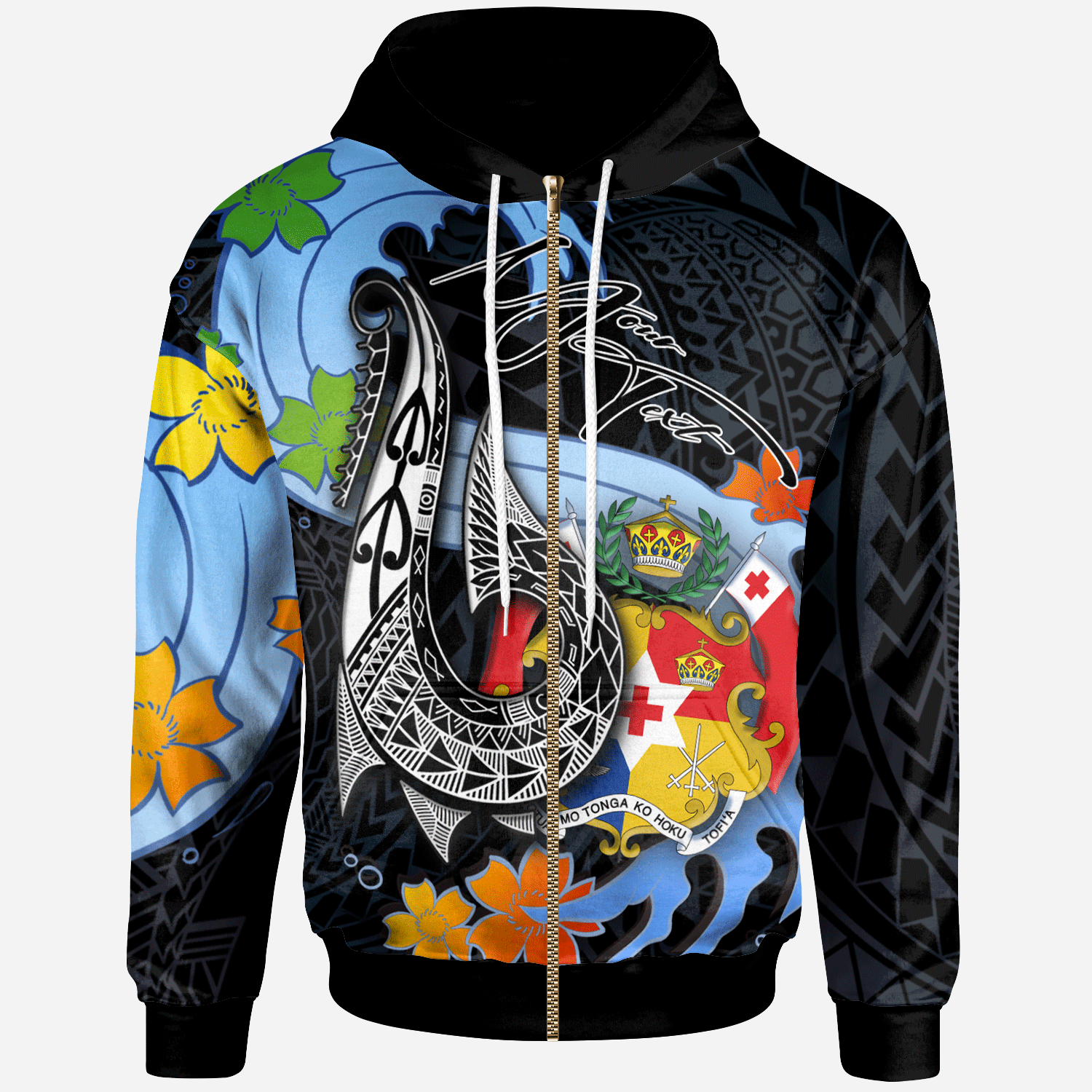 Tonga Custom Zip Hoodie Fish Hooks and Wave Unisex Black - Polynesian Pride