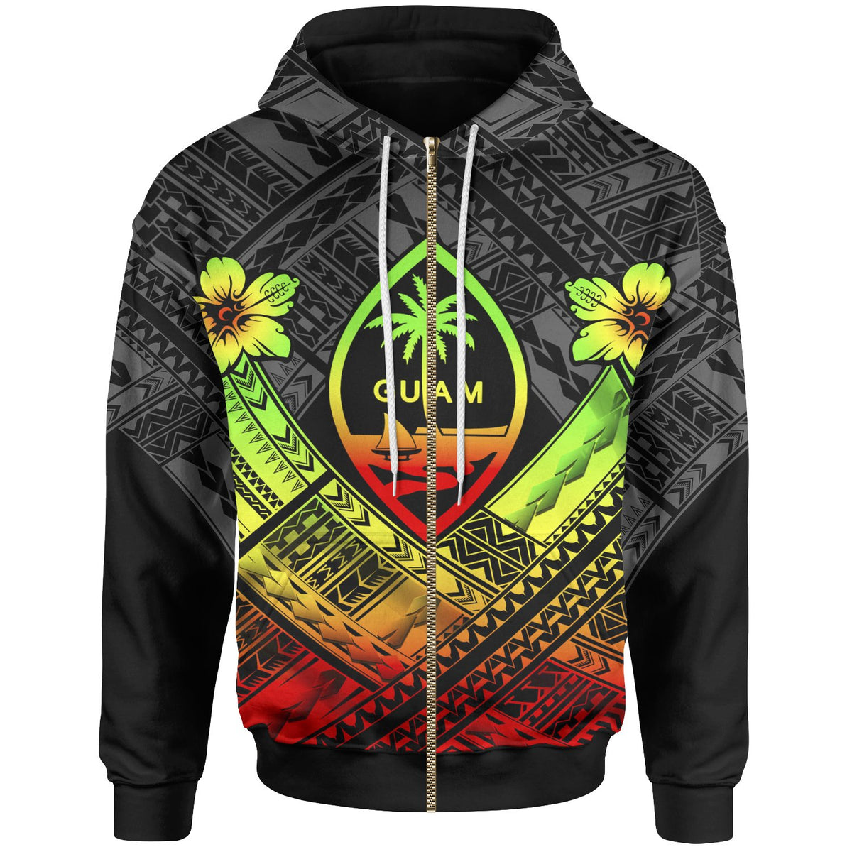 Guam Polynesian Zip up Hoodie Guam Reggae Seal Camisole Hibiscus Style Unisex Reggae - Polynesian Pride