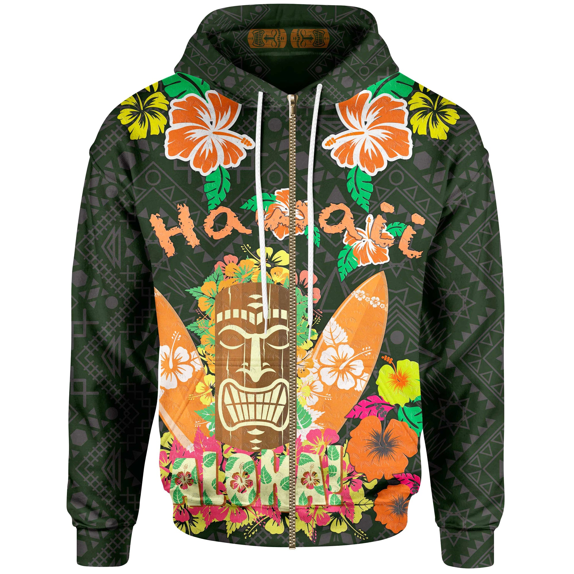 Hawaii Zip up Hoodie Aloha Hawaii Tiki Statue (Black) Unisex Black - Polynesian Pride