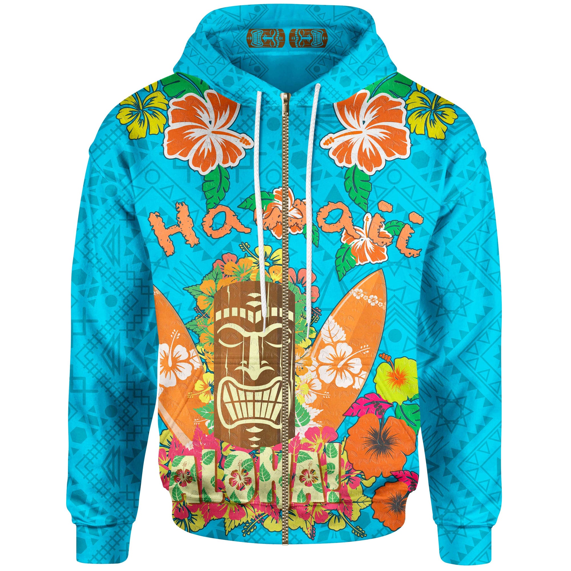 Hawaii Zip up Hoodie Aloha Hawaii Tiki Statue (Blue) Unisex Blue - Polynesian Pride