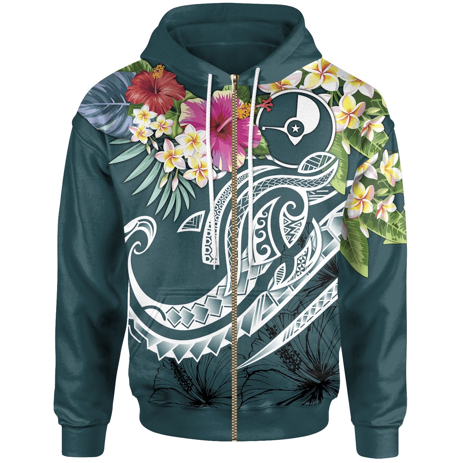 YAP Polynesian Zip up Hoodie Summer Plumeria (Turquoise) Unisex Turquoise - Polynesian Pride