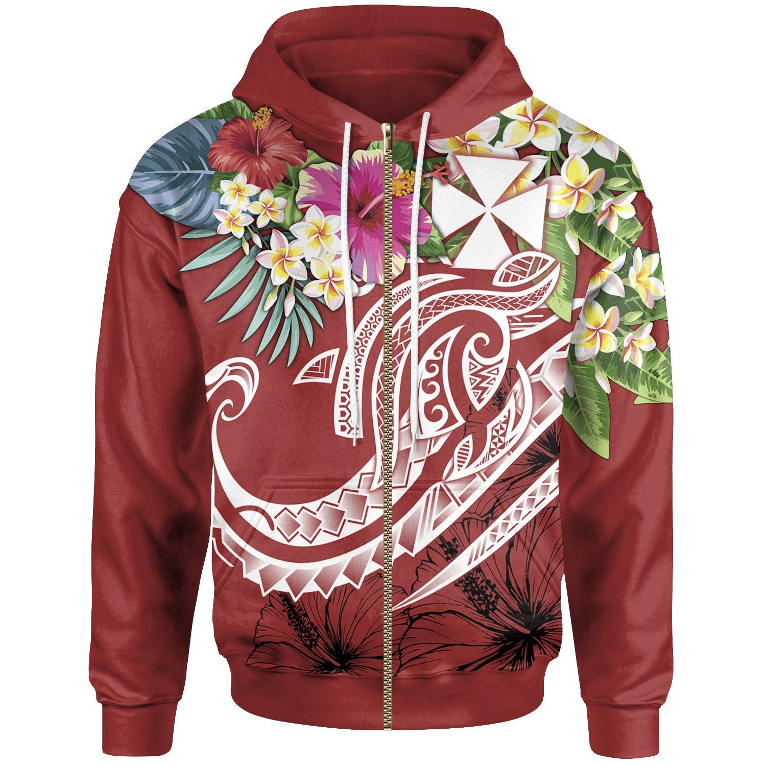 Wallis and Futuna Polynesian Zip up Hoodie Summer Plumeria (Red) Unisex Red - Polynesian Pride