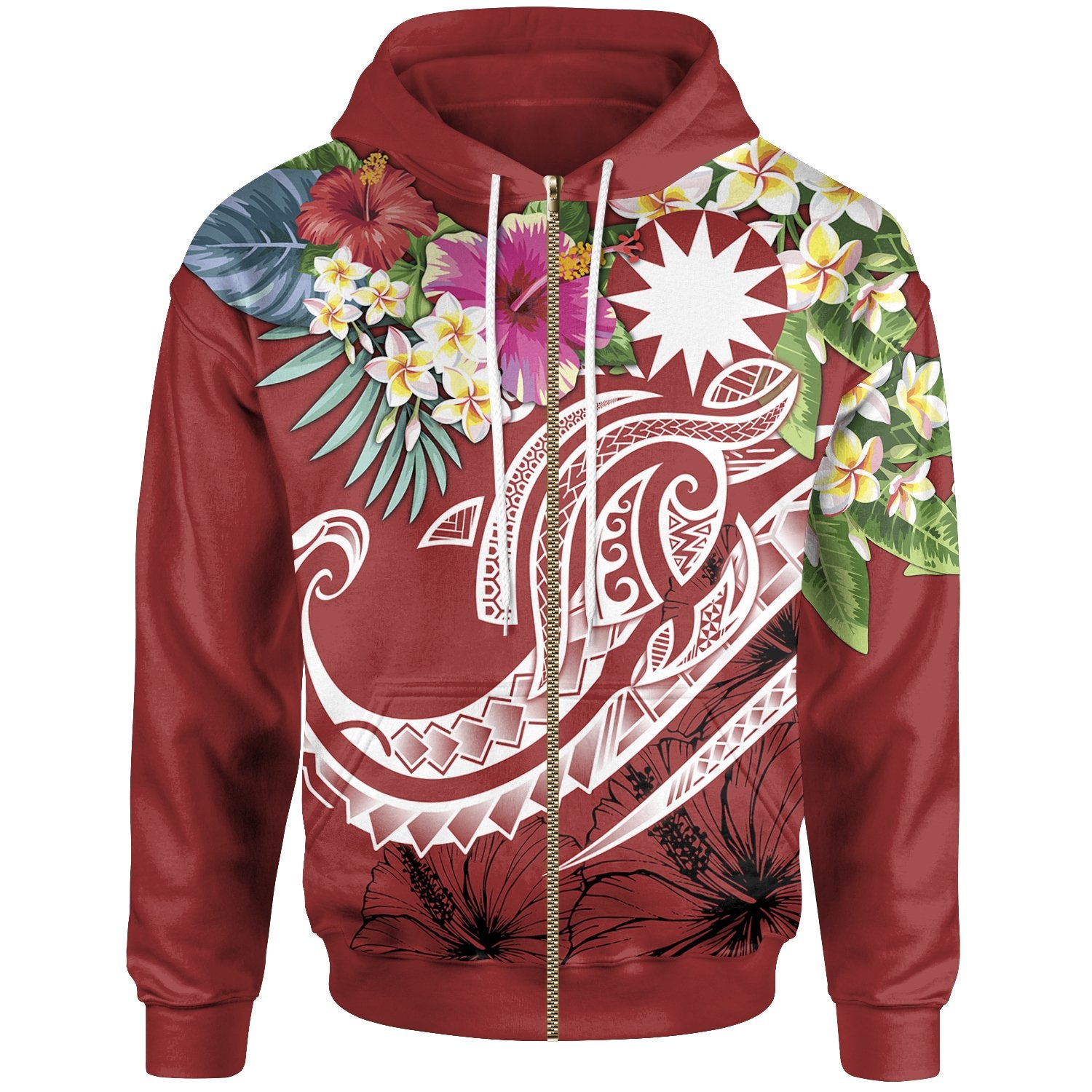 Nauru Polynesian Zip up Hoodie Summer Plumeria (Red) Unisex Red - Polynesian Pride